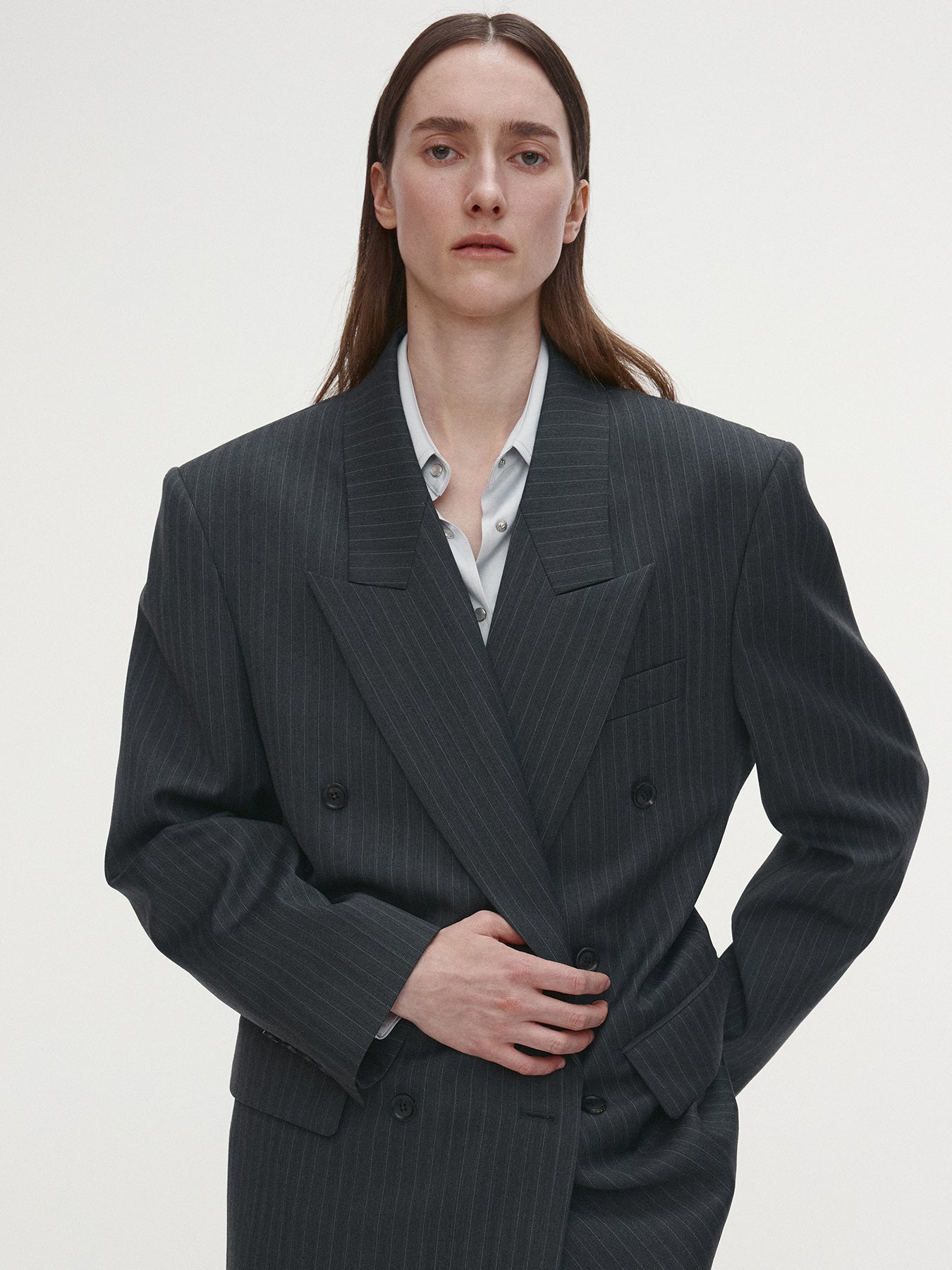 Tonywack - Striped Wool Oversized Double-Breasted Jacket (Grey Pinstripe) product image 1 | TRAB K-Fashion Australia