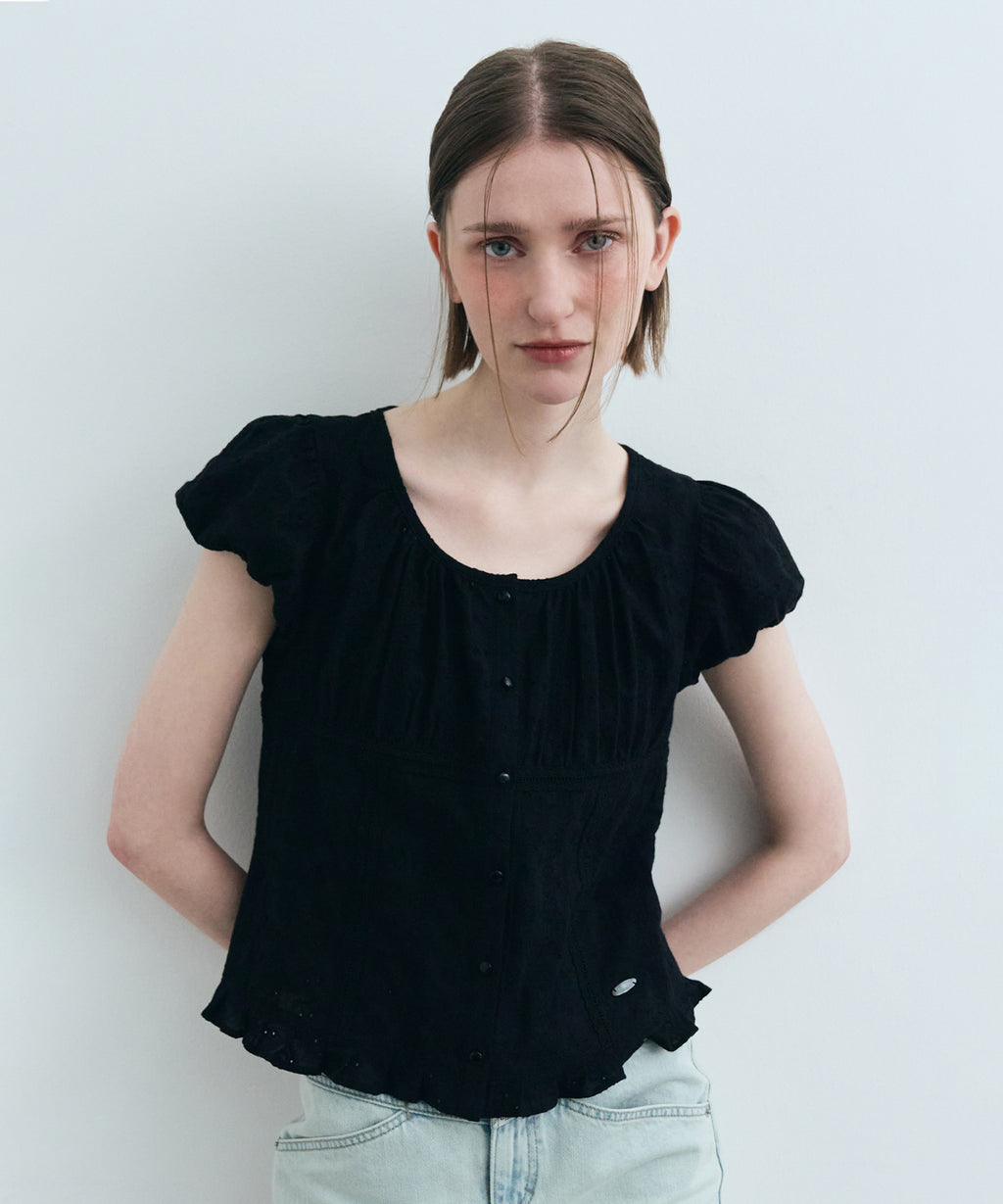 Marithe & Francois Girbaud - Puff Sleeve Lace Shirt (Black) product image 1 | TRAB K-Fashion Australia