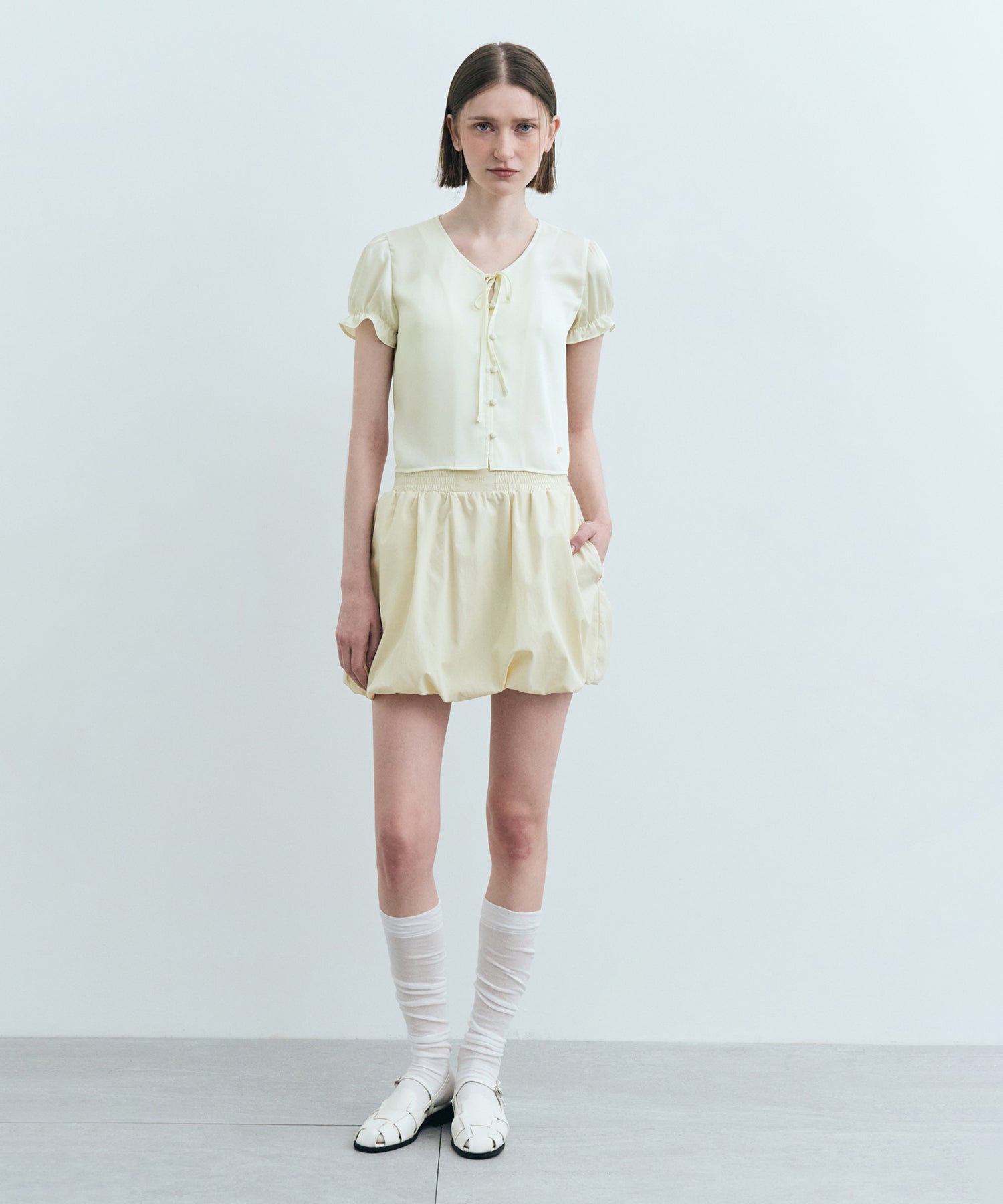 Marithe & Francois Girbaud - Nylon Bubble Hem Mini Skirt (Cream) product image 4 | TRAB K-Fashion Australia