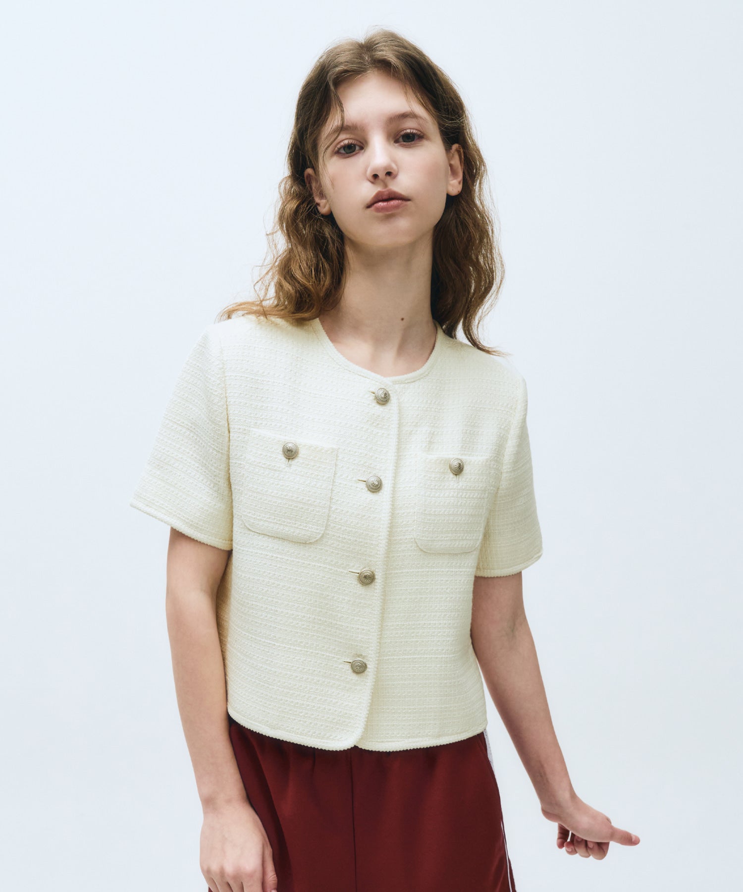 Marithe & Francois Girbaud - Classic Round Neck Tweed Jacket (Ivory) product image 1 | TRAB K-Fashion Australia