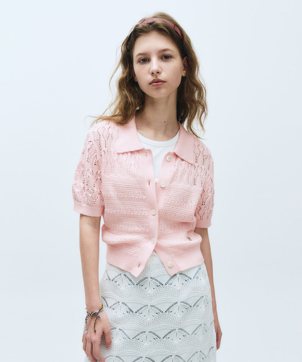 Marithe & Francois Girbaud - Half Sleeve Crochet Crop Cardigan (Light Pink) product image 1 | TRAB K-Fashion Australia