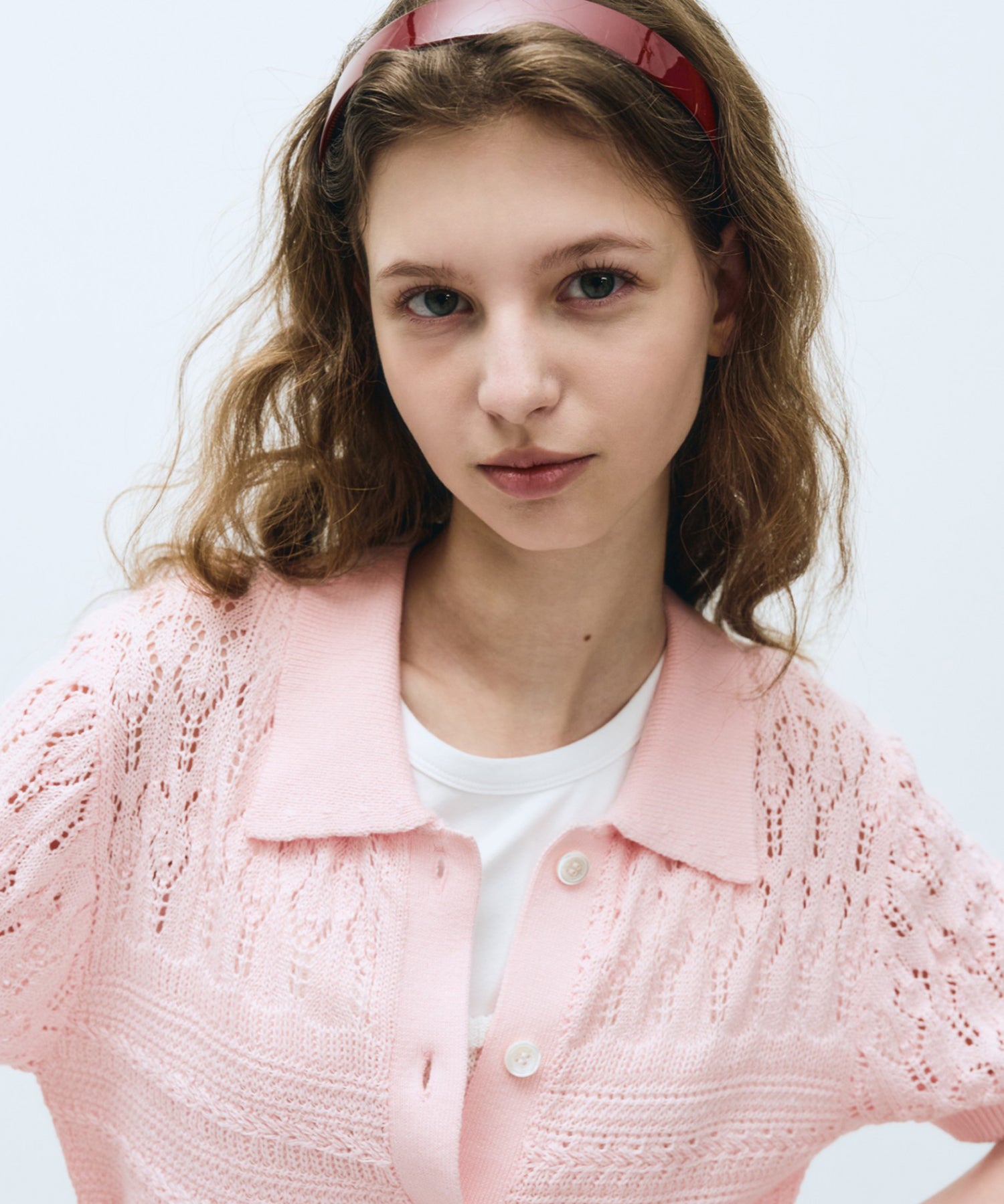 Marithe & Francois Girbaud - Half Sleeve Crochet Crop Cardigan (Light Pink) product image 3 | TRAB K-Fashion Australia