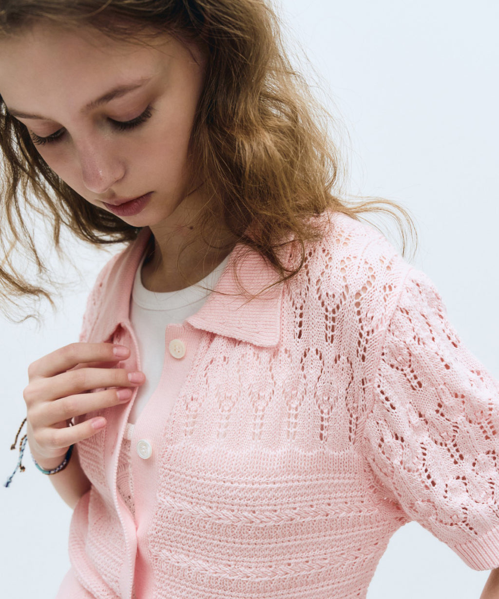 Marithe & Francois Girbaud - Half Sleeve Crochet Crop Cardigan (Light Pink) product image 4 | TRAB K-Fashion Australia