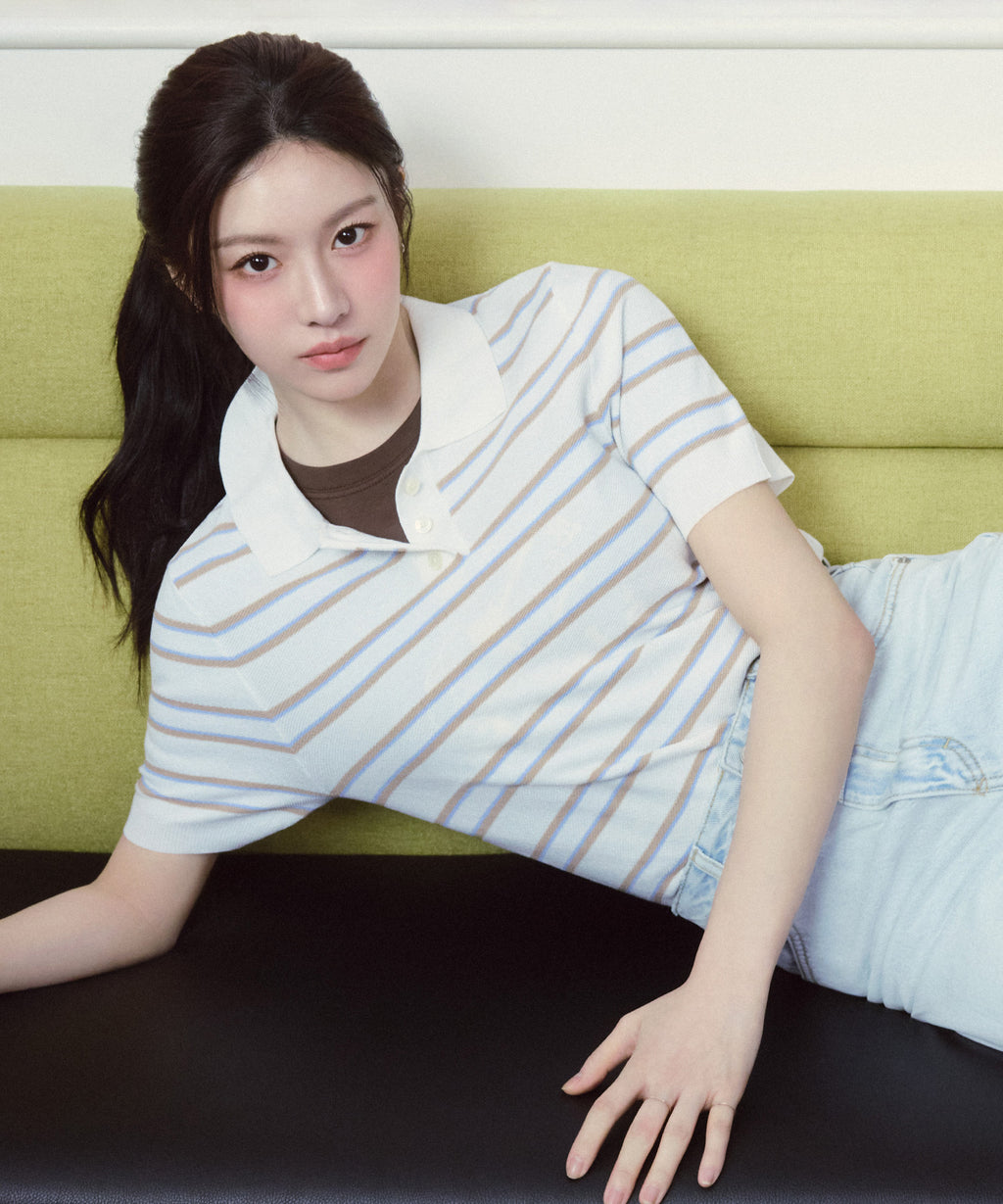 Marithe & Francois Girbaud - Half Sleeve Stripe Polo Knit (Ivory) product image 1 | TRAB K-Fashion Australia