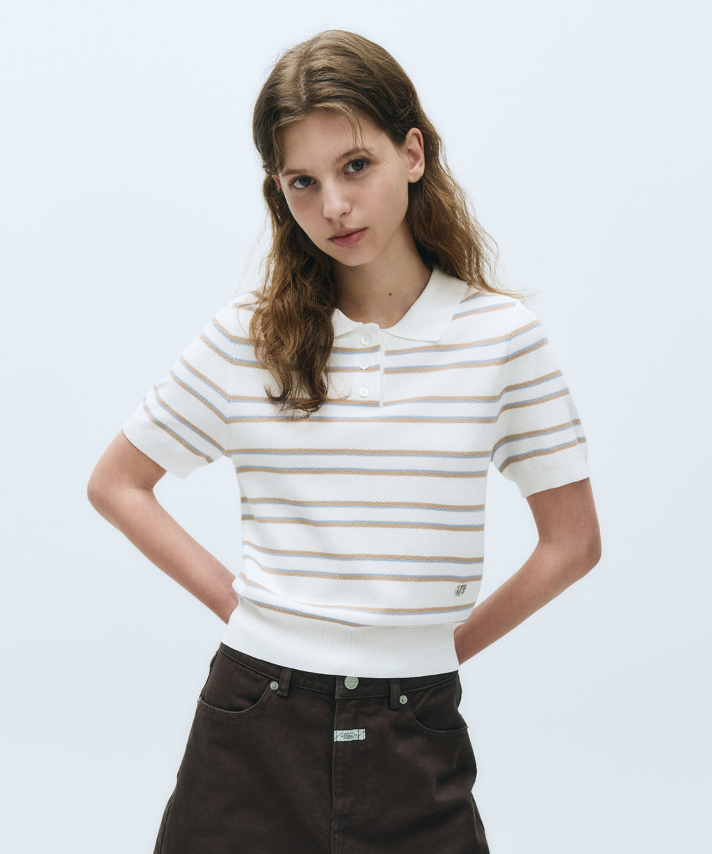 Marithe & Francois Girbaud - Half Sleeve Stripe Polo Knit (Ivory) product image 3 | TRAB K-Fashion Australia