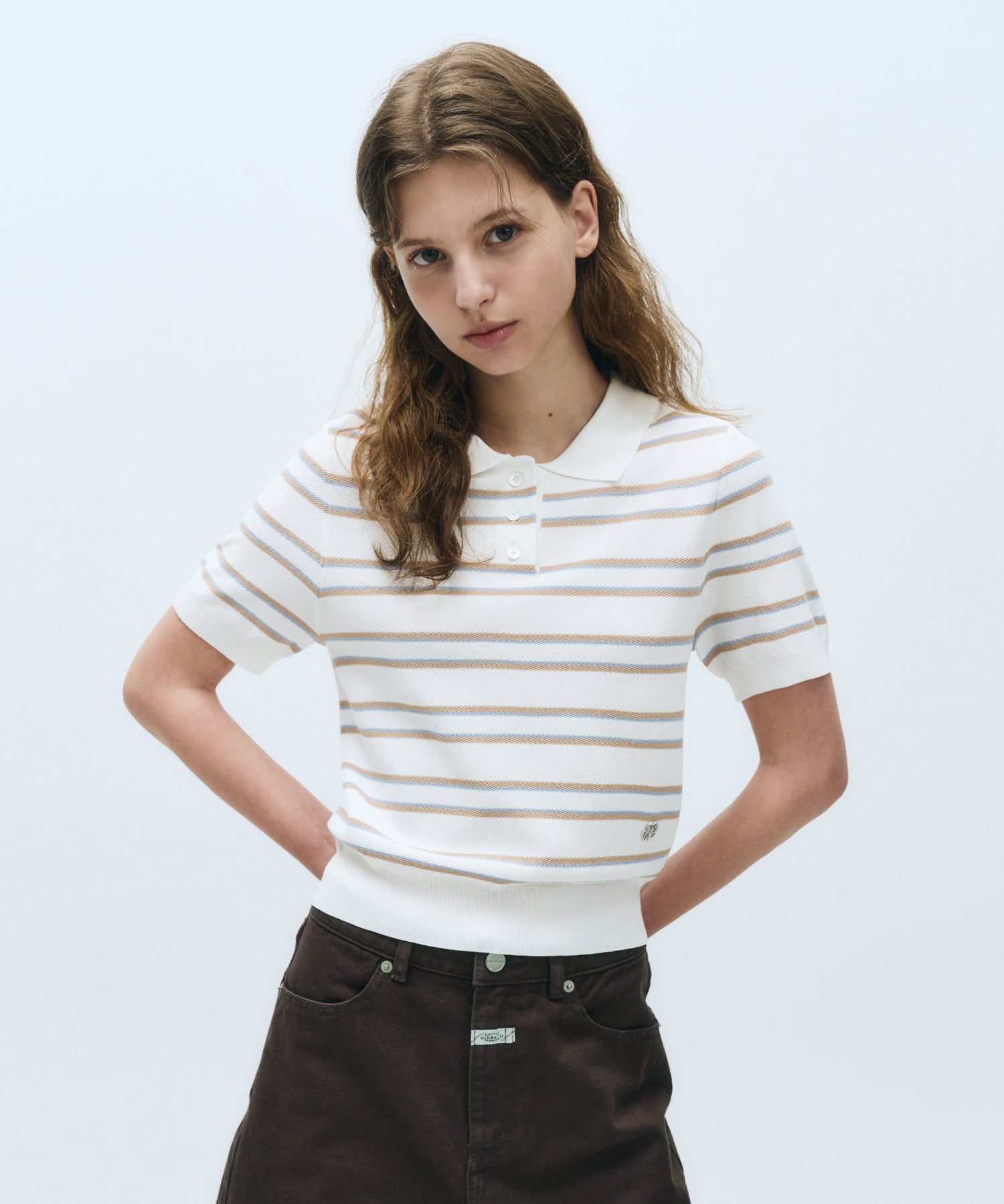 Marithe & Francois Girbaud - Half Sleeve Stripe Polo Knit (Ivory) product image 3 | TRAB K-Fashion Australia