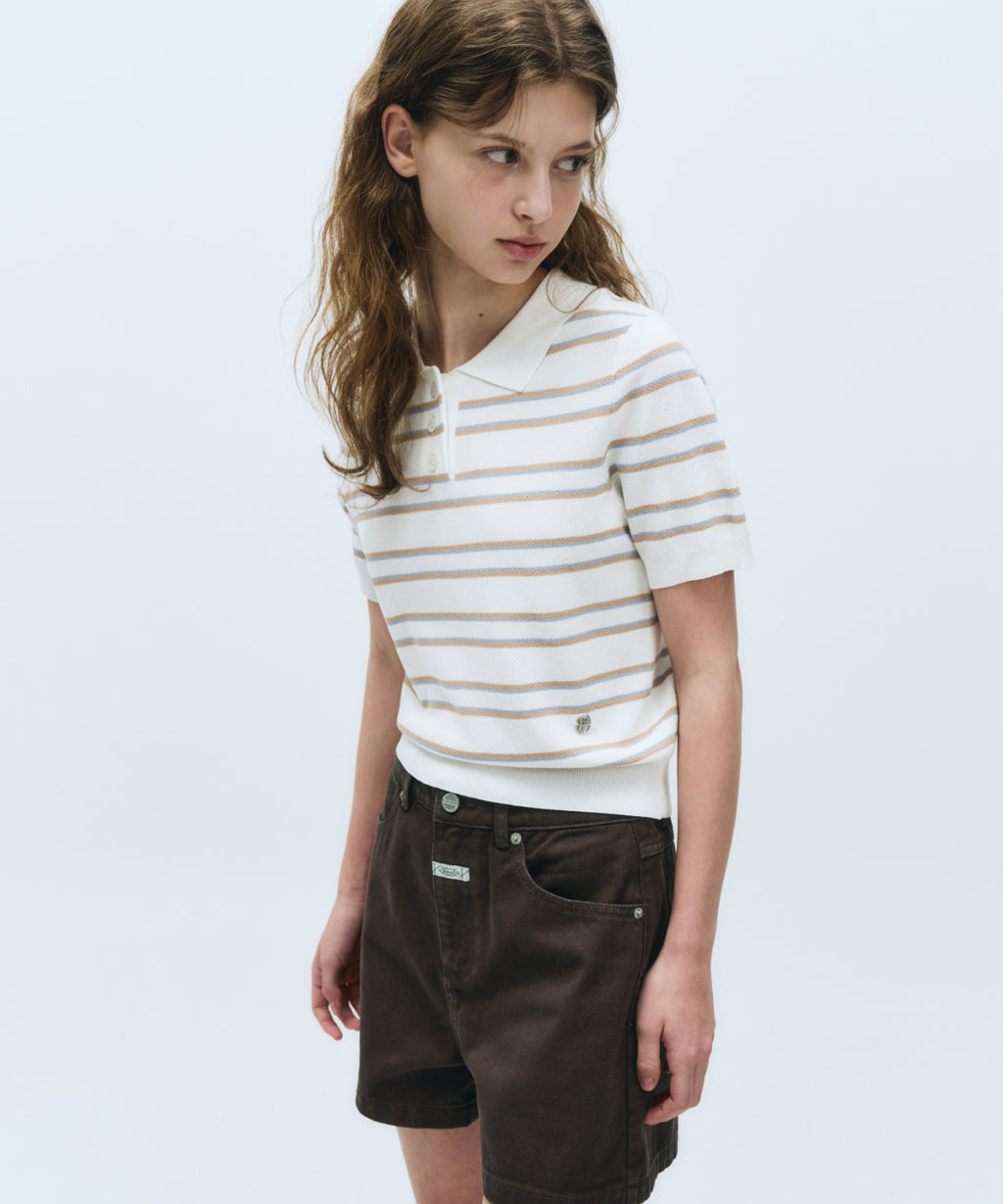 Marithe & Francois Girbaud - Half Sleeve Stripe Polo Knit (Ivory) product image 4 | TRAB K-Fashion Australia