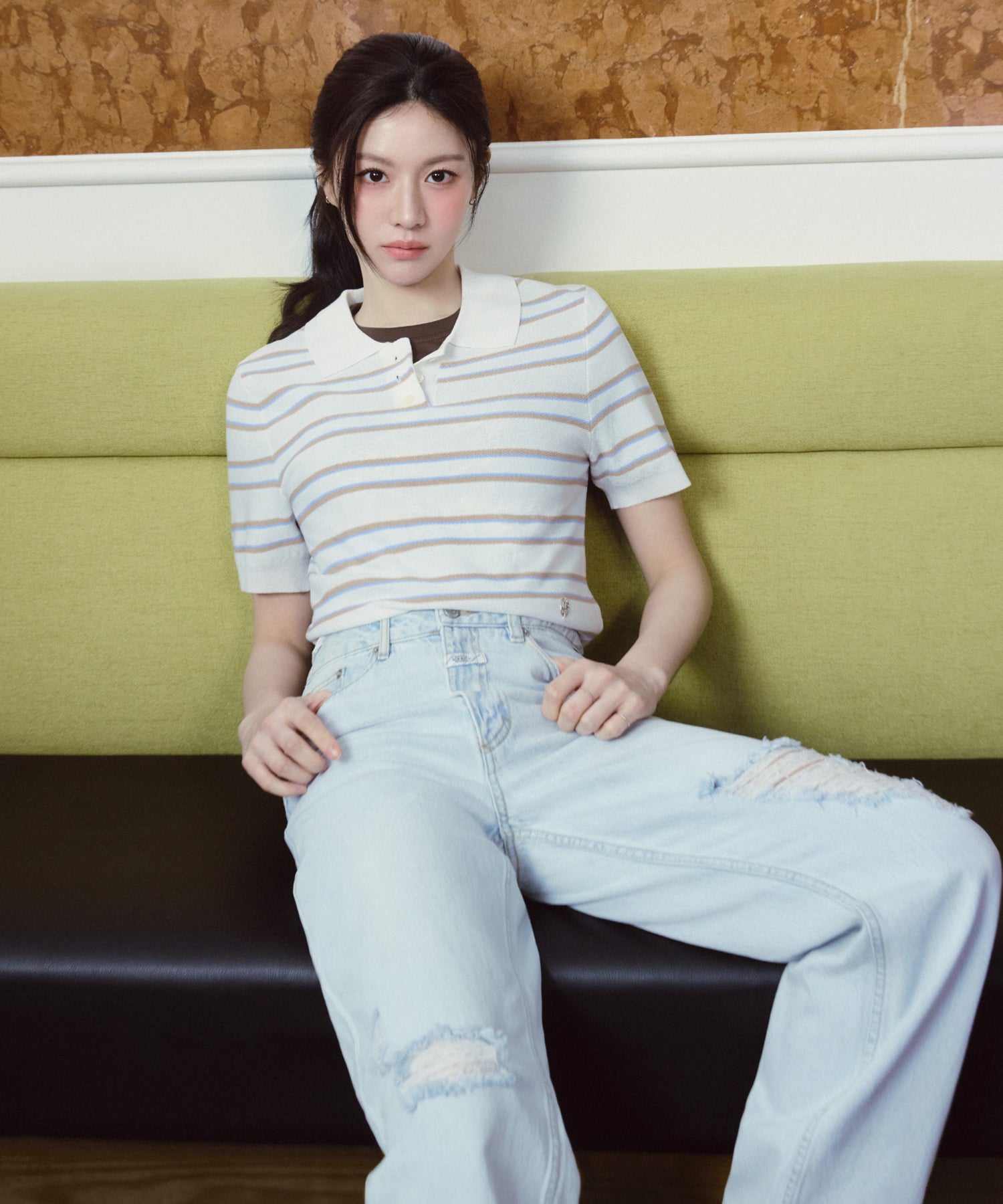 Marithe & Francois Girbaud - Half Sleeve Stripe Polo Knit (Ivory) product image 2 | TRAB K-Fashion Australia