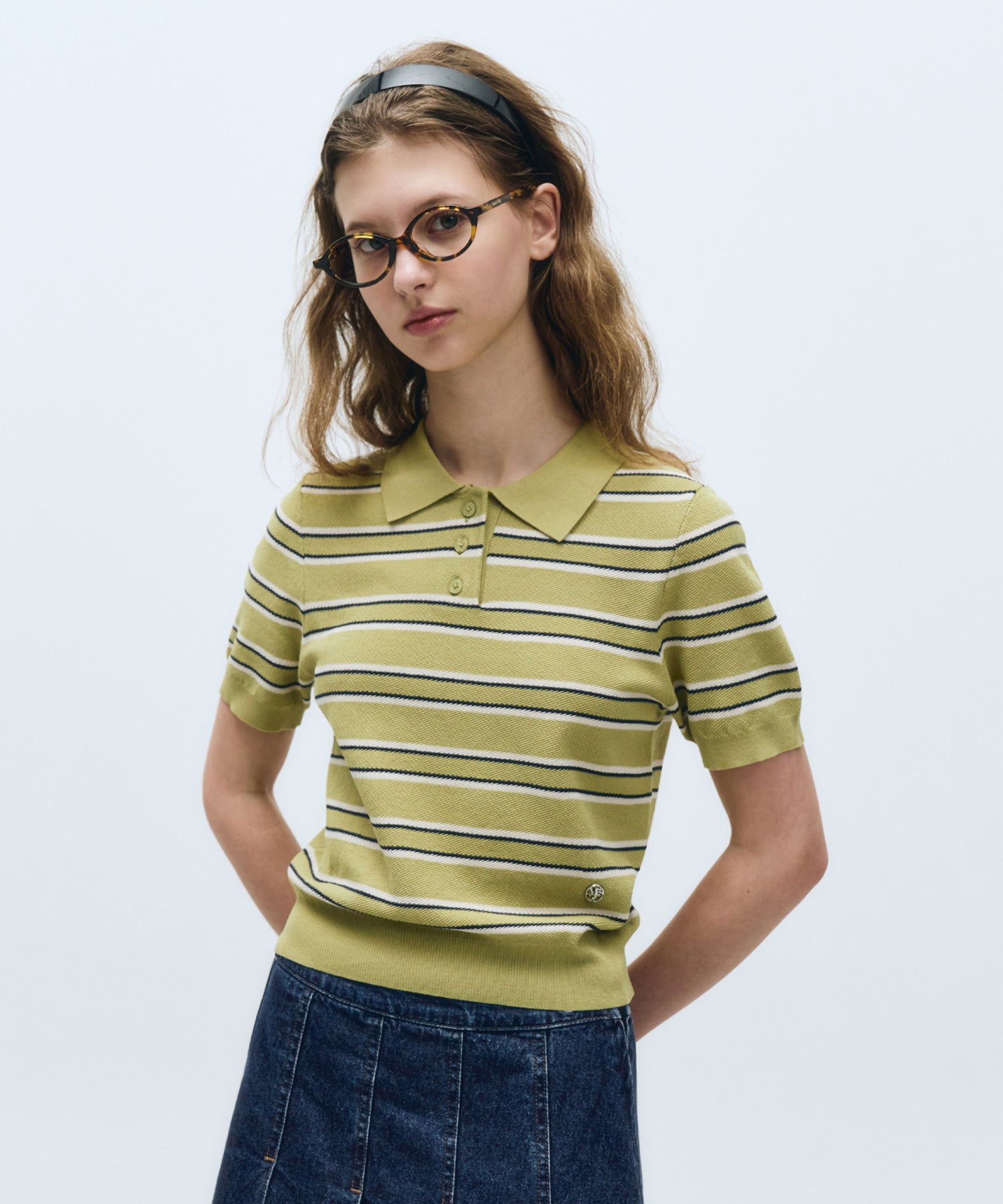 Marithe & Francois Girbaud - Half Sleeve Stripe Polo Knit (Olive) product image 1 | TRAB K-Fashion Australia