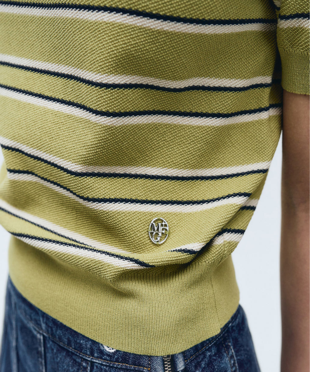 Marithe & Francois Girbaud - Half Sleeve Stripe Polo Knit (Olive) product image 3 | TRAB K-Fashion Australia