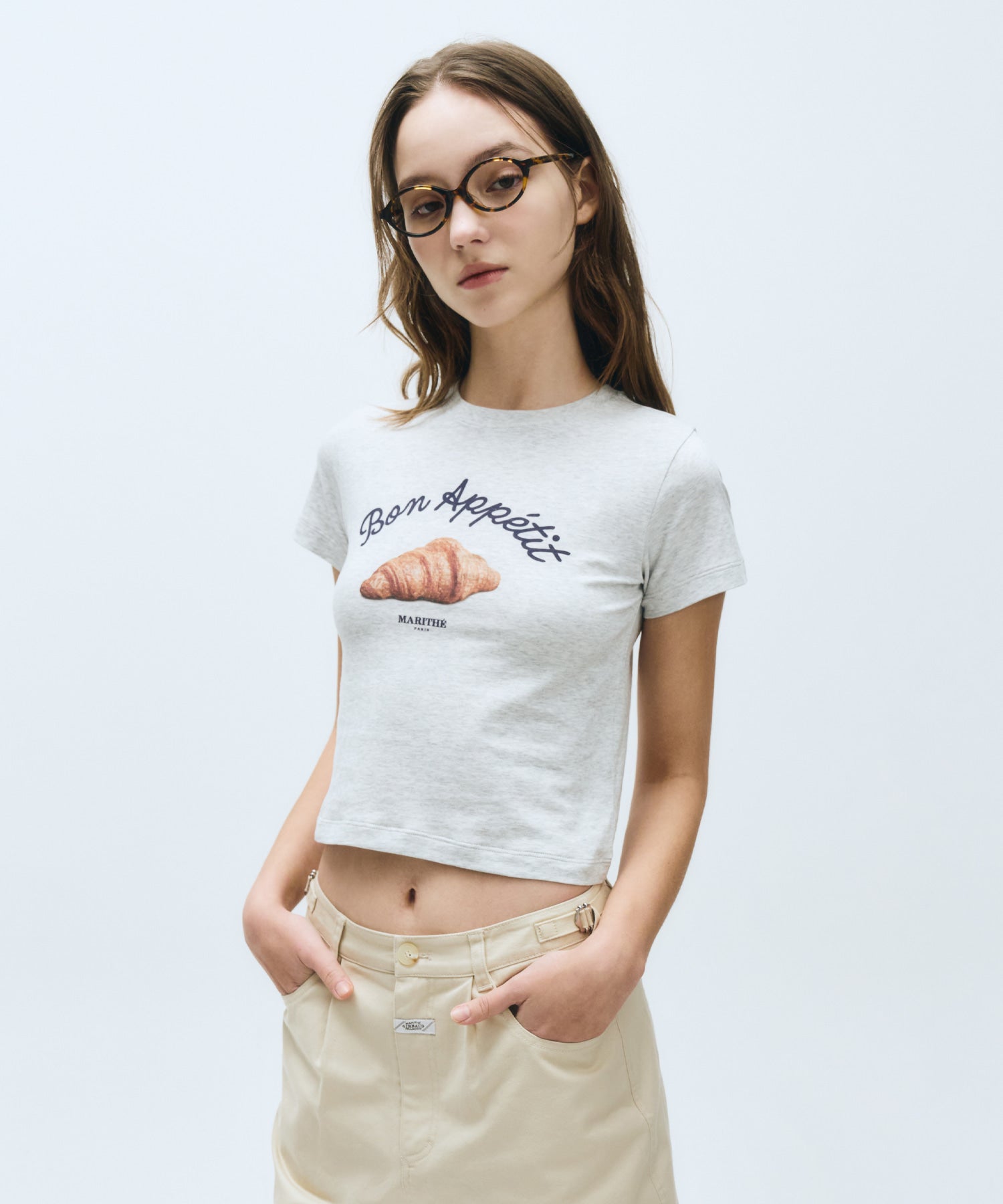 Marithe & Francois Girbaud - Slim Fit Bread Graphic Crop Tee (Light Heather Gray) product image 1 | TRAB K-Fashion Australia