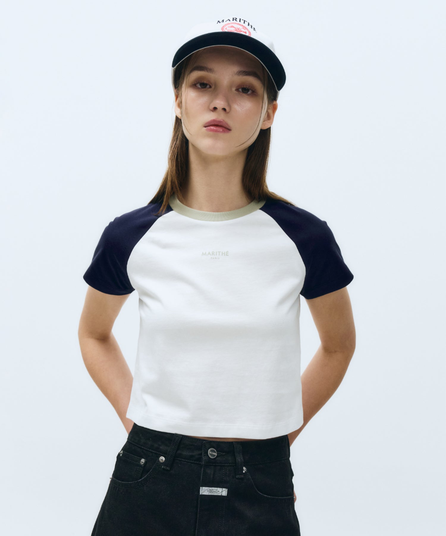 Marithe & Francois Girbaud - 2-tone Raglan Crop Tee (Navy) product image 1 | TRAB K-Fashion Australia