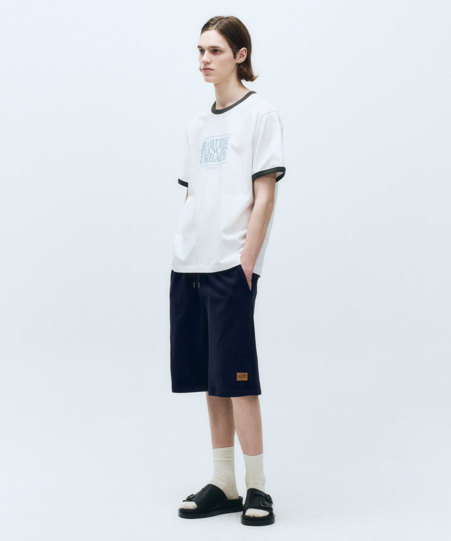 Marithe & Francois Girbaud - Classic Logo Leather Patch Sweat Shorts (Navy) product image 2 | TRAB K-Fashion Australia