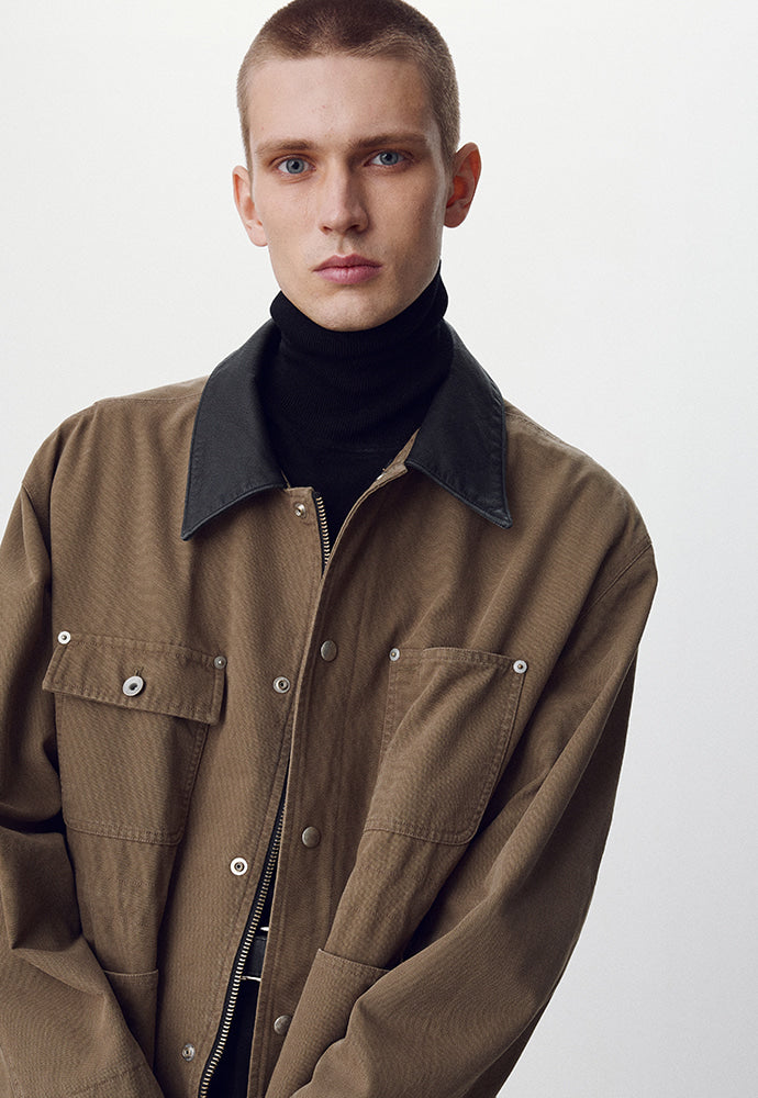 Tonywack - Leather Collar Garment-Washed Utility Jacket (Faded Olive) product image 6 | TRAB K-Fashion Australia