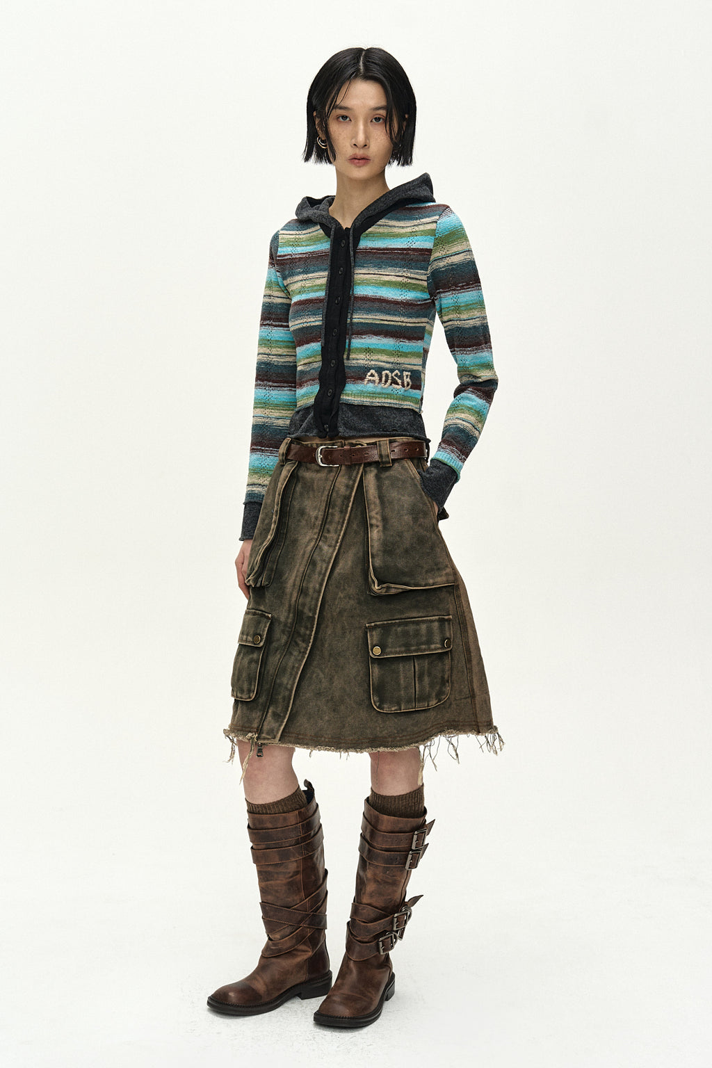 Andersson Bell - Layered Multi-Stripe Hooded Cardigan (green/blue) (Green/Blue) product image 2 | TRAB K-Fashion Australia