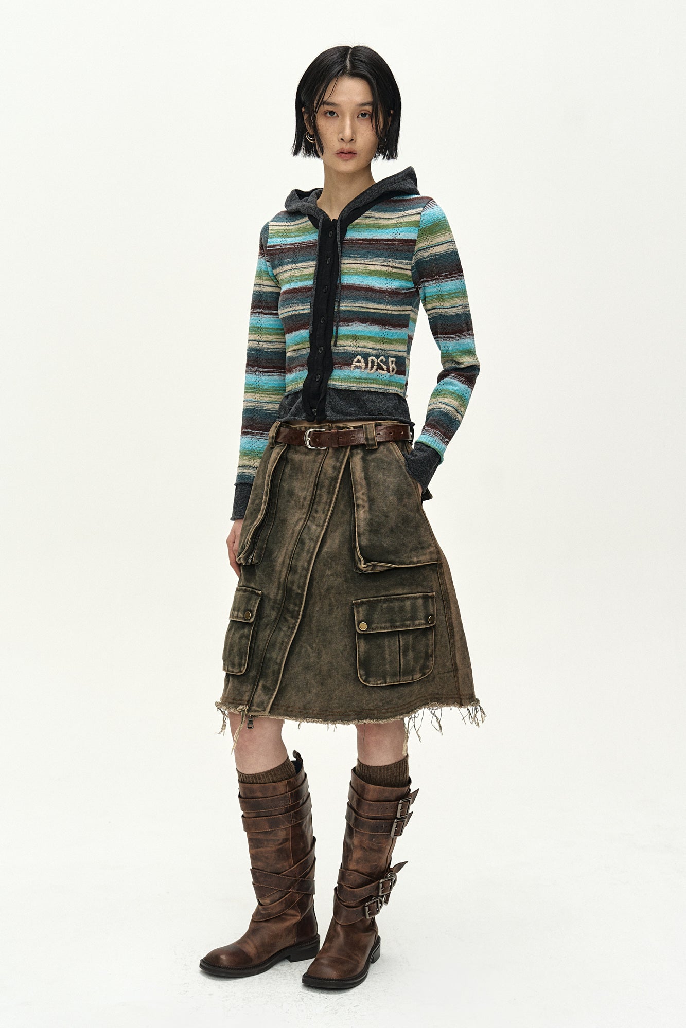 Andersson Bell - Layered Multi-Stripe Hooded Cardigan (green/blue) (Green/Blue) product image 2 | TRAB K-Fashion Australia