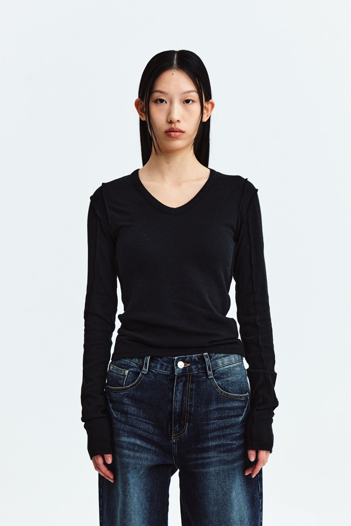 Matin Kim - Stitch V Neck Slim Long Sleeve (Black) product image 11 | TRAB K-Fashion Australia