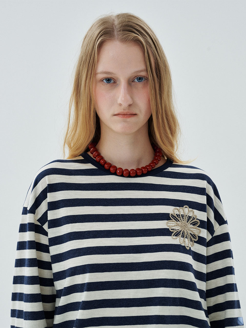 Mardi Mercredi - Slub Cotton Tshirt Long Sleeve Stripe Flower (Navy Beige) product image 1 | TRAB K-Fashion Australia