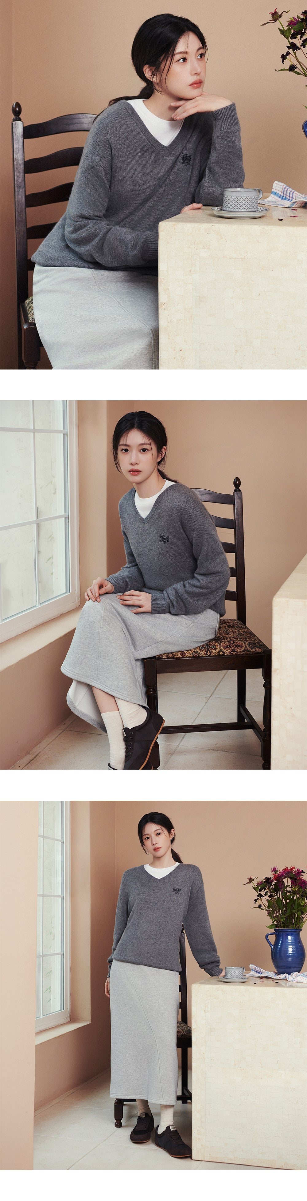 Marithe & Francois Girbaud - Small Classic Logo Oversized V-neck Knit Pullover (Heather Gray) product image 2 | TRAB K-Fashion Australia
