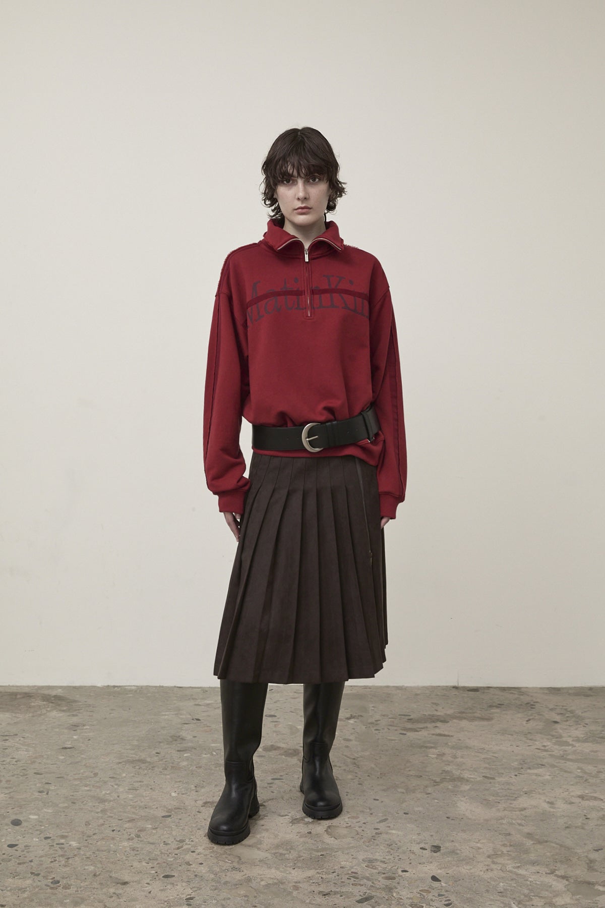 Matin Kim - Side Zipper Pleats Midi Skirt (Dark Brown) product image 5 | TRAB K-Fashion Australia