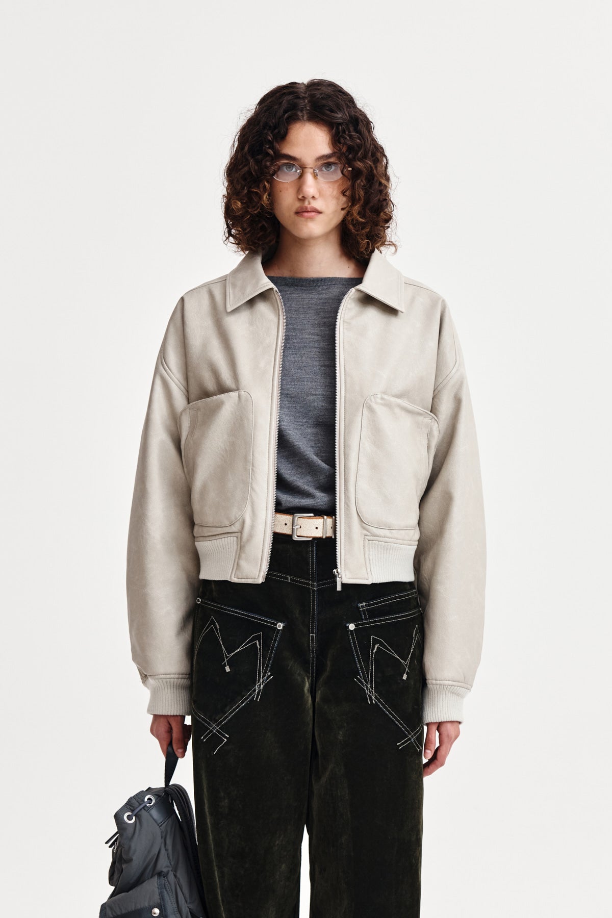 Matin Kim - Faux Leather Out Pocket Jumper (Light Grey) product image 1 | TRAB K-Fashion Australia