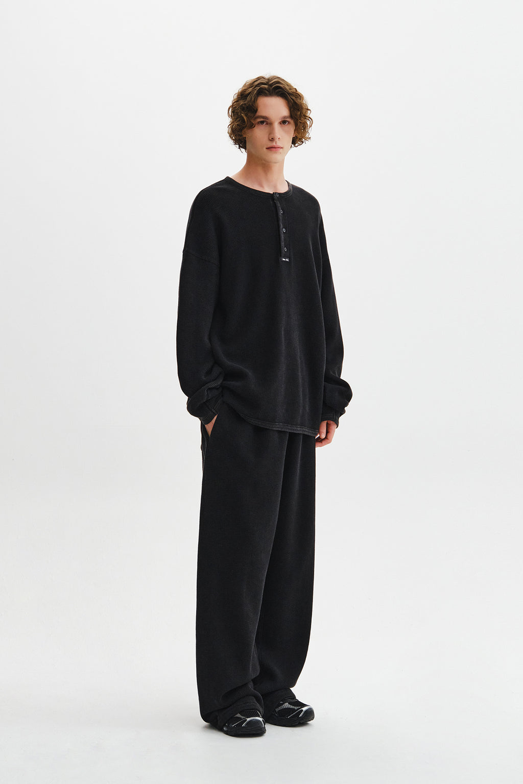 Matin Kim - Matin Washed Waffle Henley Neck Top (Charcoal) product image 12 | TRAB K-Fashion Australia