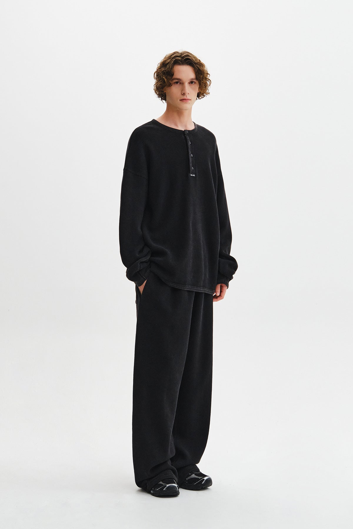 Matin Kim - Matin Washed Waffle Henley Neck Top (Charcoal) product image 12 | TRAB K-Fashion Australia