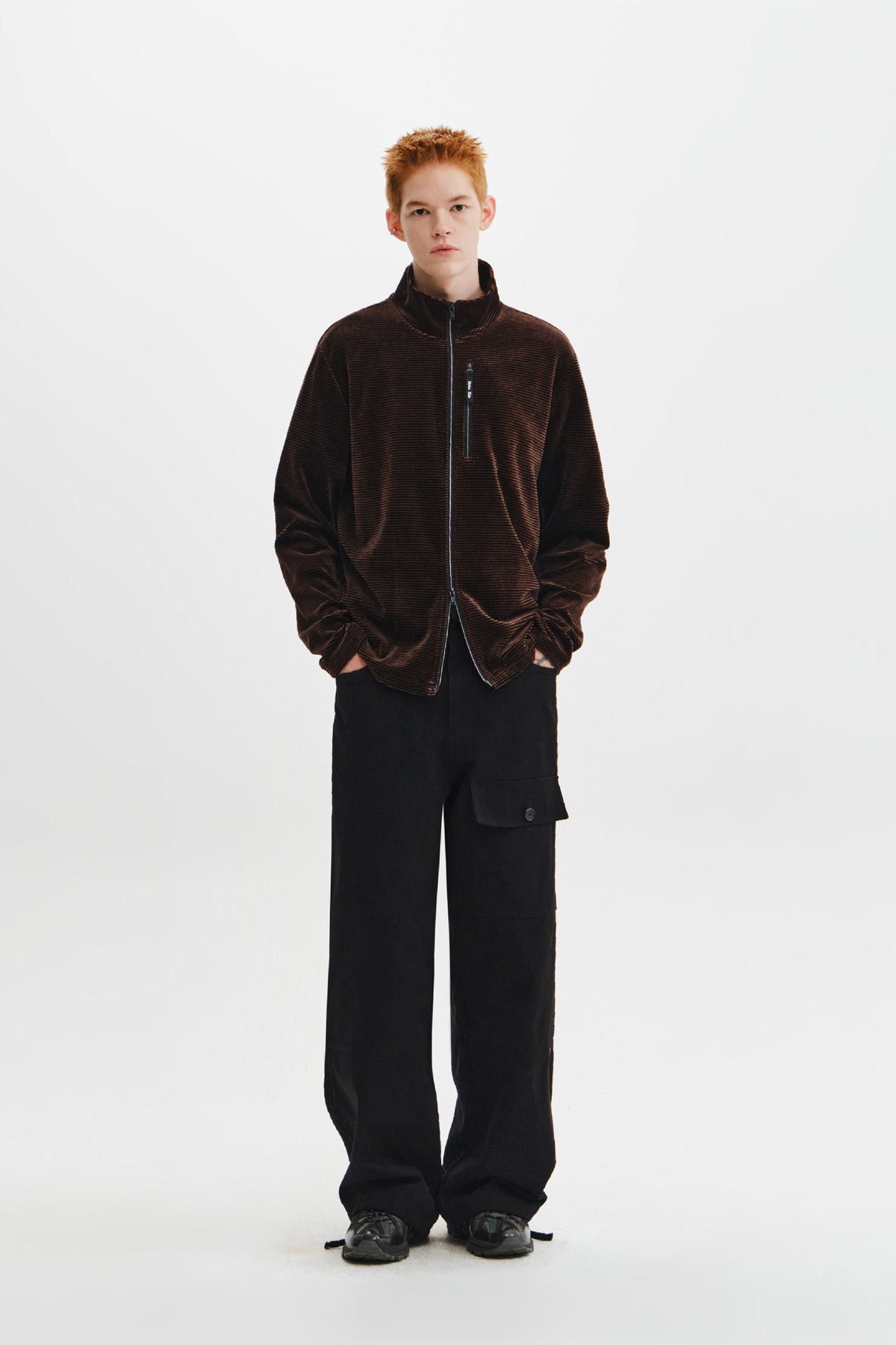 Matin Kim - [Pre-Order – Ships October 8] Striped Velour Zip Up (Brown) product image 10 | TRAB K-Fashion Australia