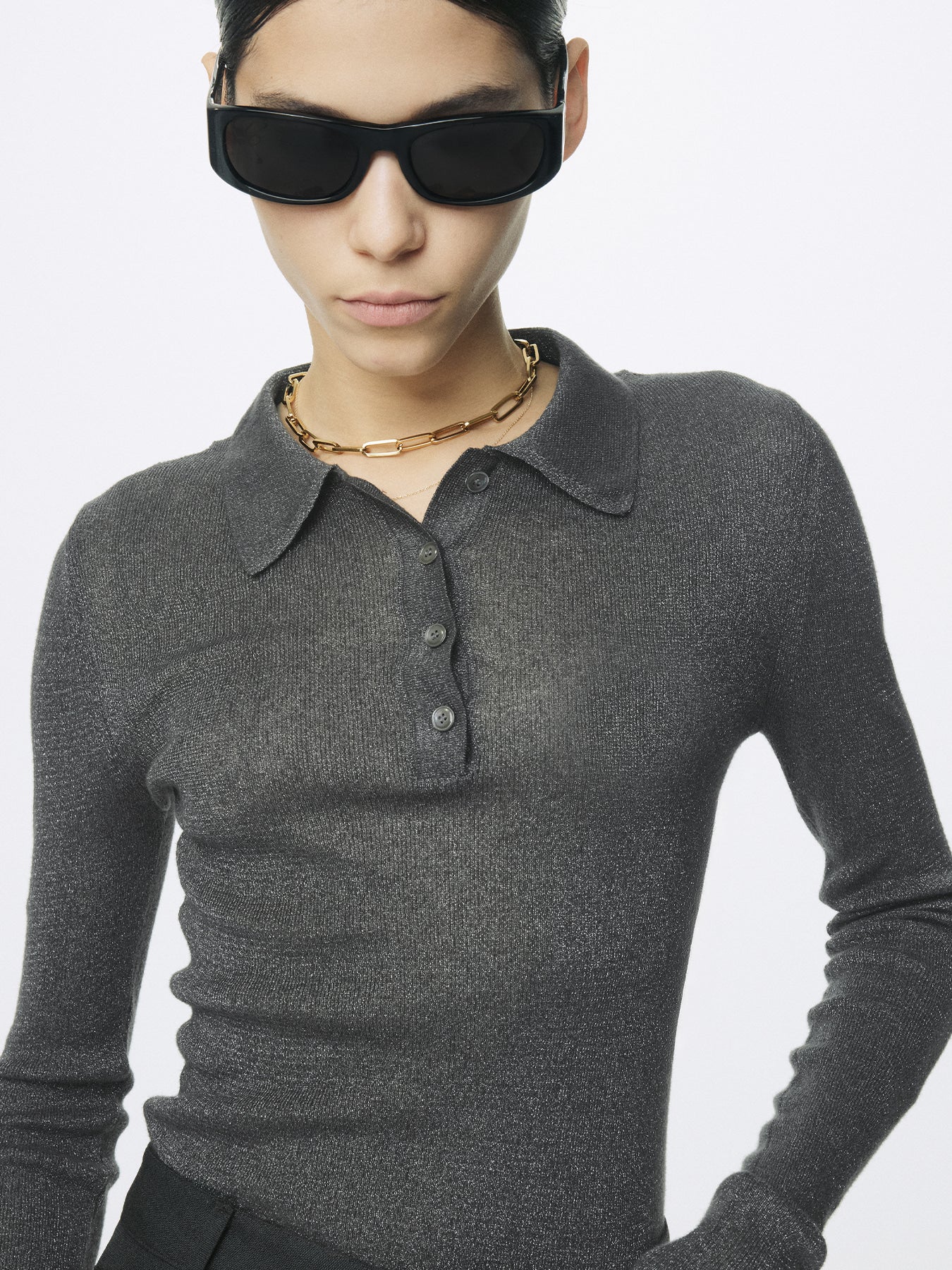Tonywack - Glitter Ribbed Knit Polo Shirt (Charcoal) product image 8 | TRAB K-Fashion Australia