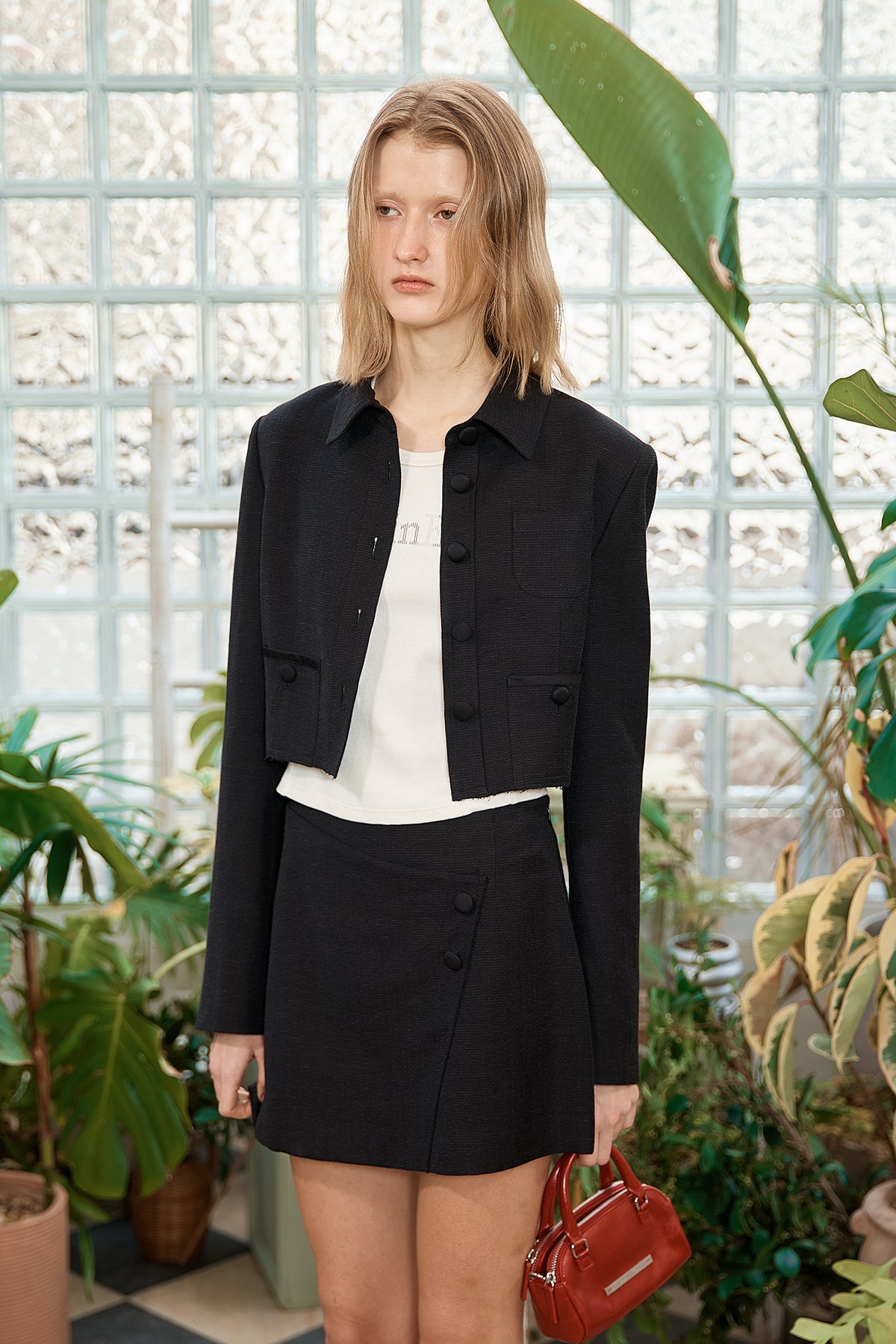 Matin Kim - Stripe Herringbone Pocket Crop Jacket (Black) product image 13 | TRAB K-Fashion Australia