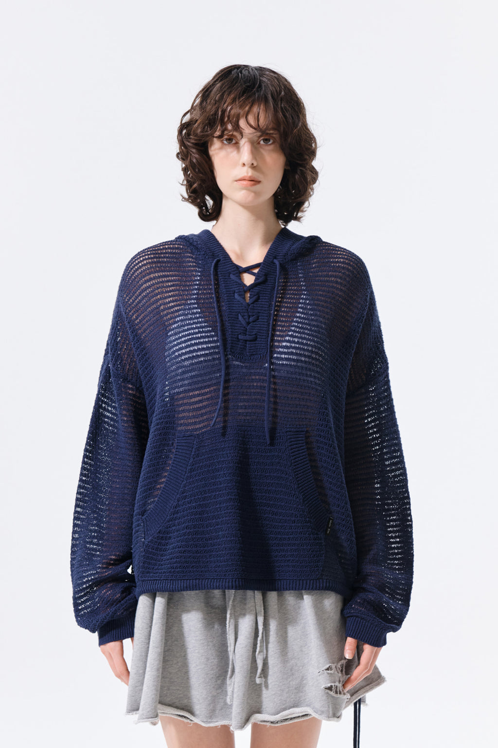 Matin Kim - Oversized Mesh Knit Hoodie (Navy) product image 12 | TRAB K-Fashion Australia