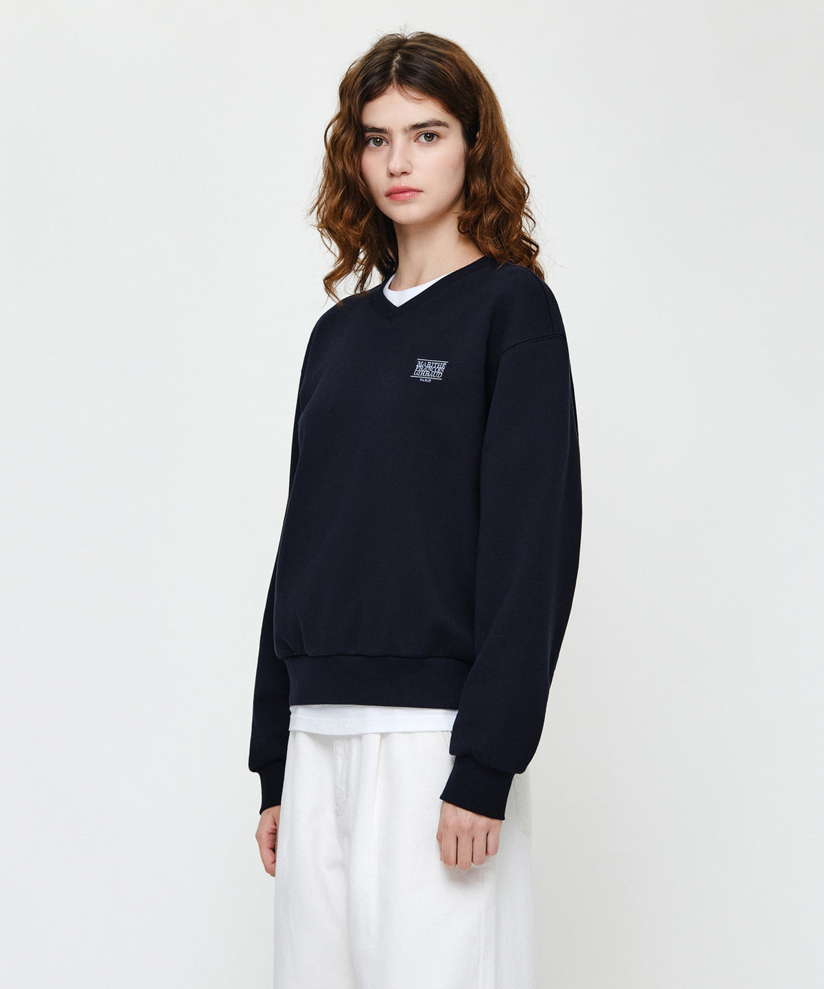 Marithe & Francois Girbaud - Small Classic Logo V Neck Balloon Sweatshirt (Navy) product image 2 | TRAB K-Fashion Australia
