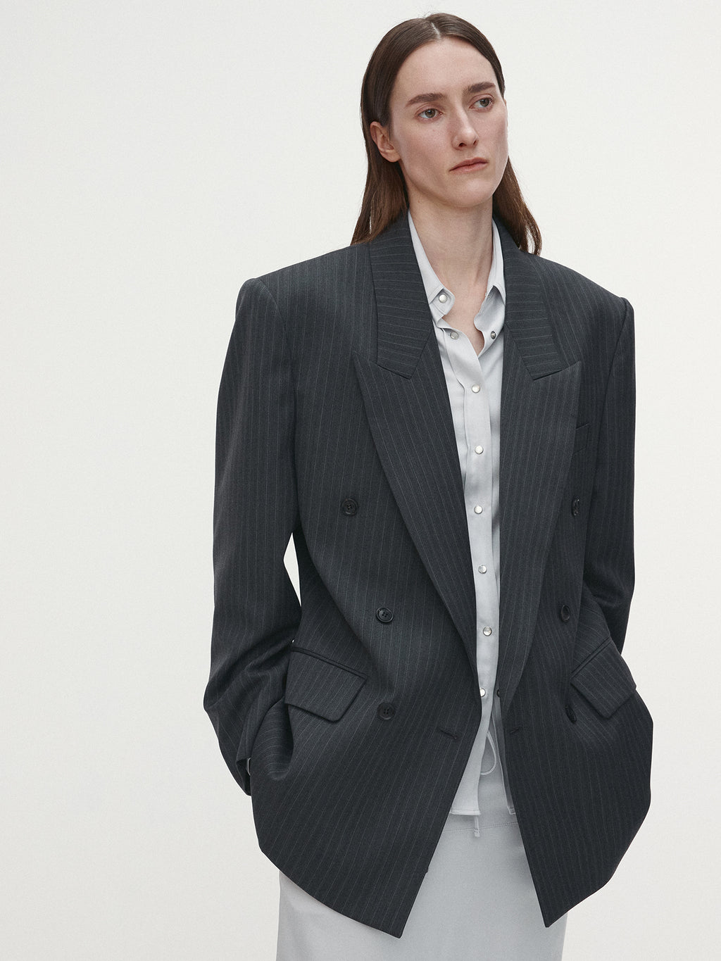 Tonywack - Striped Wool Oversized Double-Breasted Jacket (Grey Pinstripe) product image 6 | TRAB K-Fashion Australia