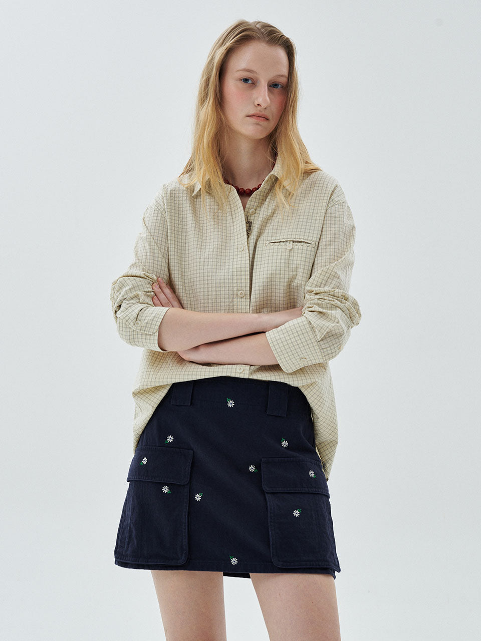 Mardi Mercredi - Cotton Mini Skirt Out Pocket Floral Embroidery (Navy) product image 1 | TRAB K-Fashion Australia