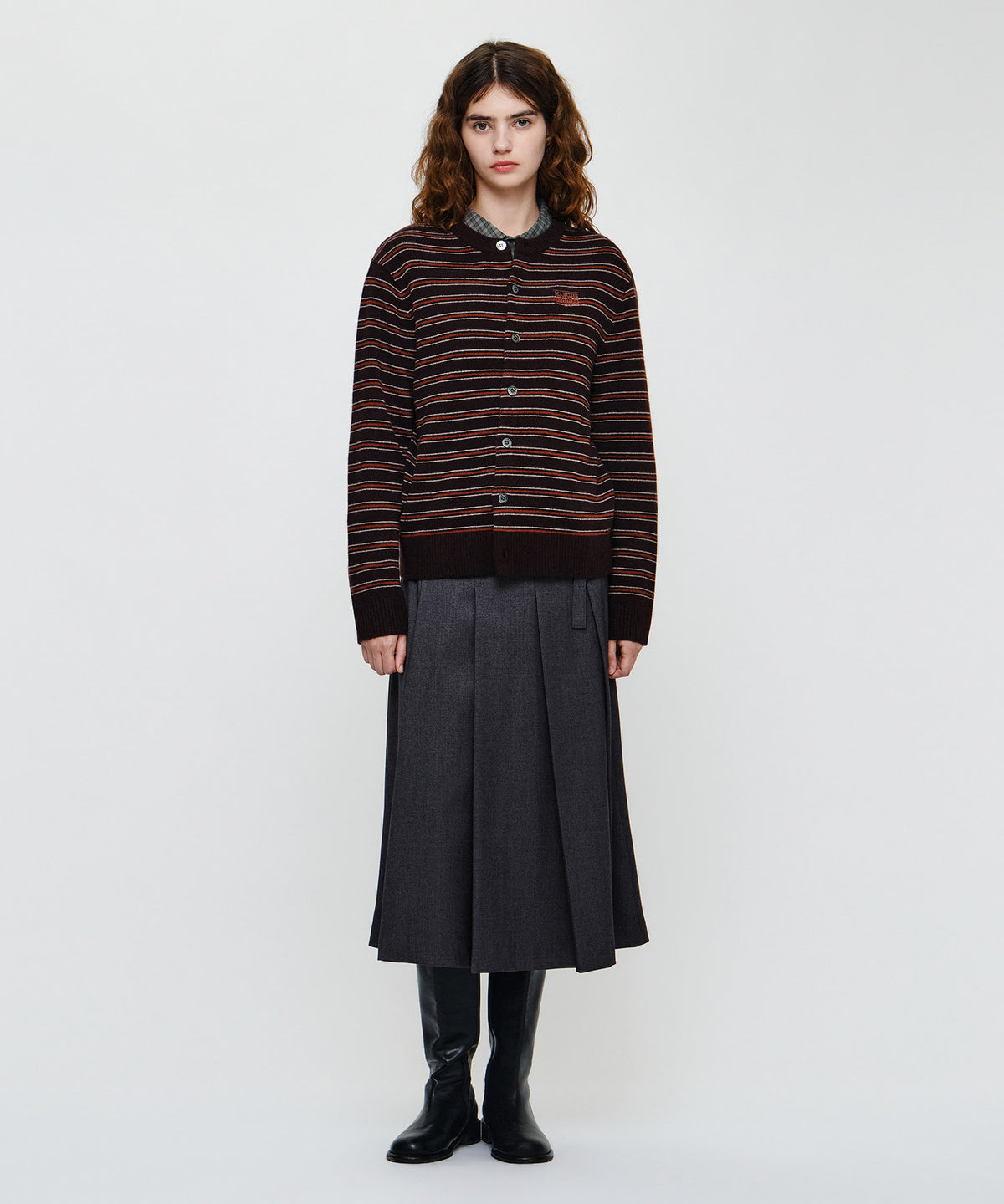 Marithe & Francois Girbaud - Premium Small Classic Logo Wool Round Neck Cardigan (Brown) product image 4 | TRAB K-Fashion Australia