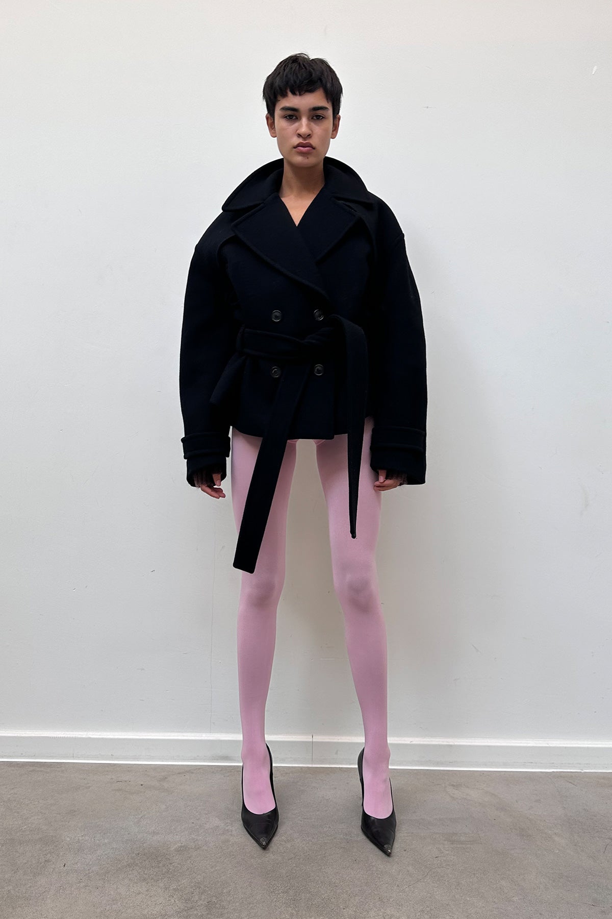 Matin Kim - Belted Big Lapel Double Short Coat (Dark Navy) product image 9 | TRAB K-Fashion Australia