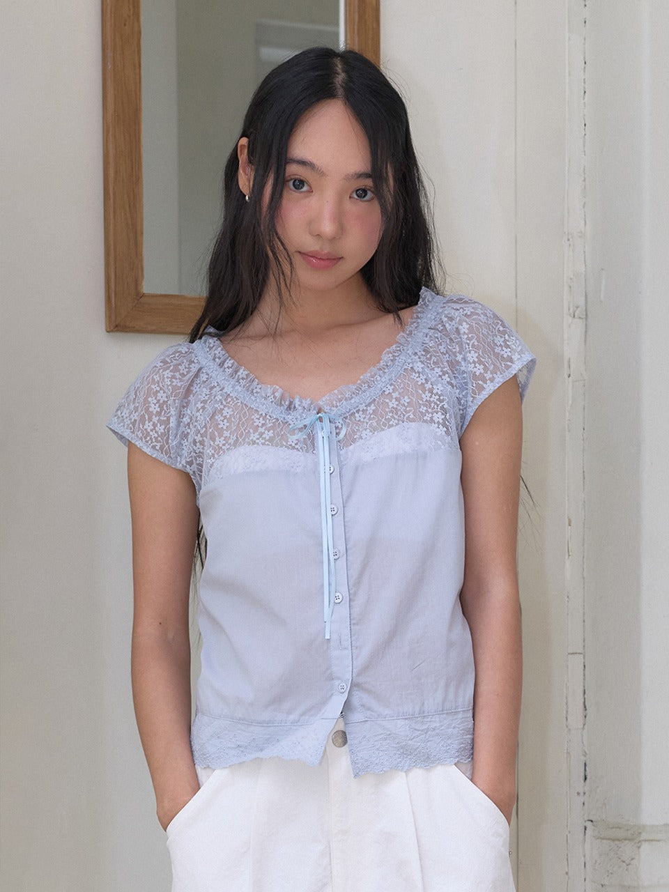 Margarin Fingers - Flower Lace Blouse (Light Blue) product image 1 | TRAB K-Fashion Australia