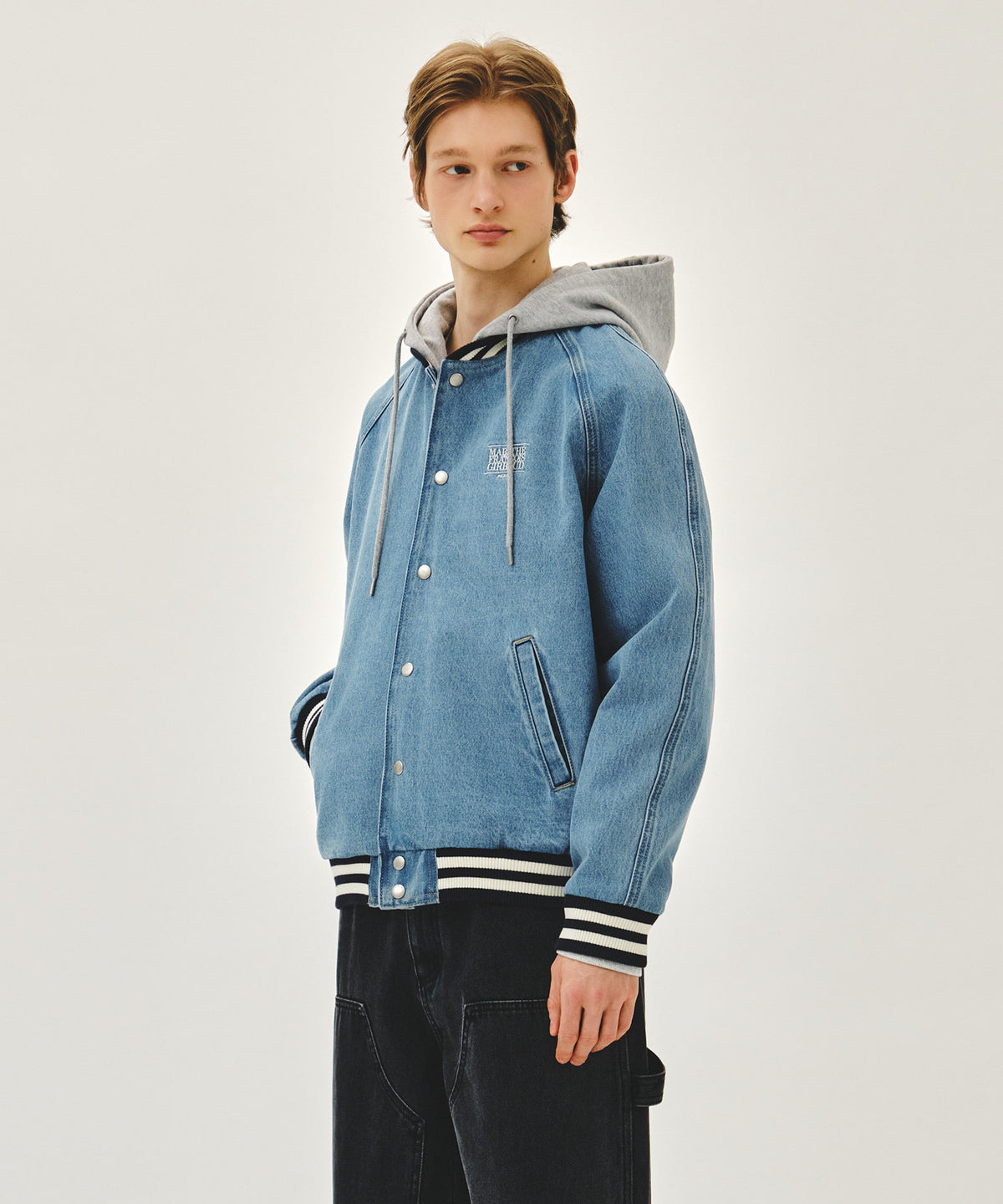 Marithe & Francois Girbaud - Classic Logo Raglan Denim Varsity Jacket (Light Blue) product image 2 | TRAB K-Fashion Australia