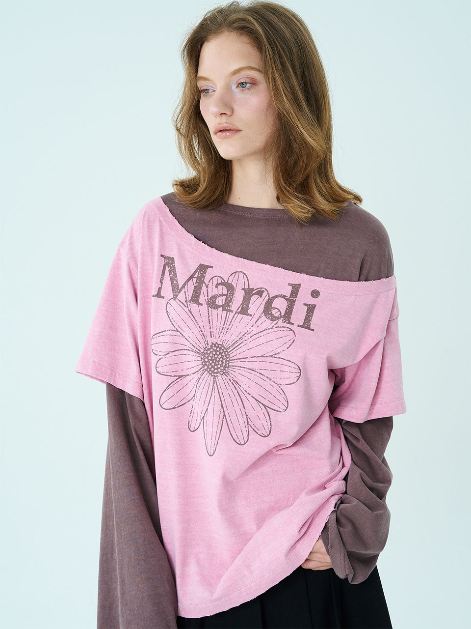 Mardi Mercredi - Tshirt Long Sleeve Layered Flowermardi Cracked Off Shoulder (Pink) product image 1 | TRAB K-Fashion Australia