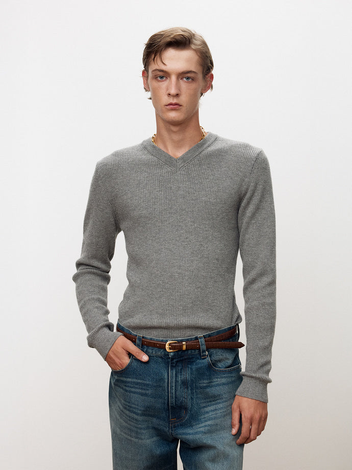 Tonywack - Super Fine Wool Ribbed V-Neck Sweater (Melange Grey) product image 5 | TRAB K-Fashion Australia
