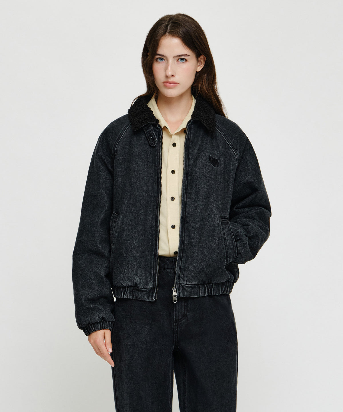 Marithe & Francois Girbaud - [Pre-order – Ships 30 Sep] Fleece Contrast Denim Jacket (Black) product image 1 | TRAB K-Fashion Australia