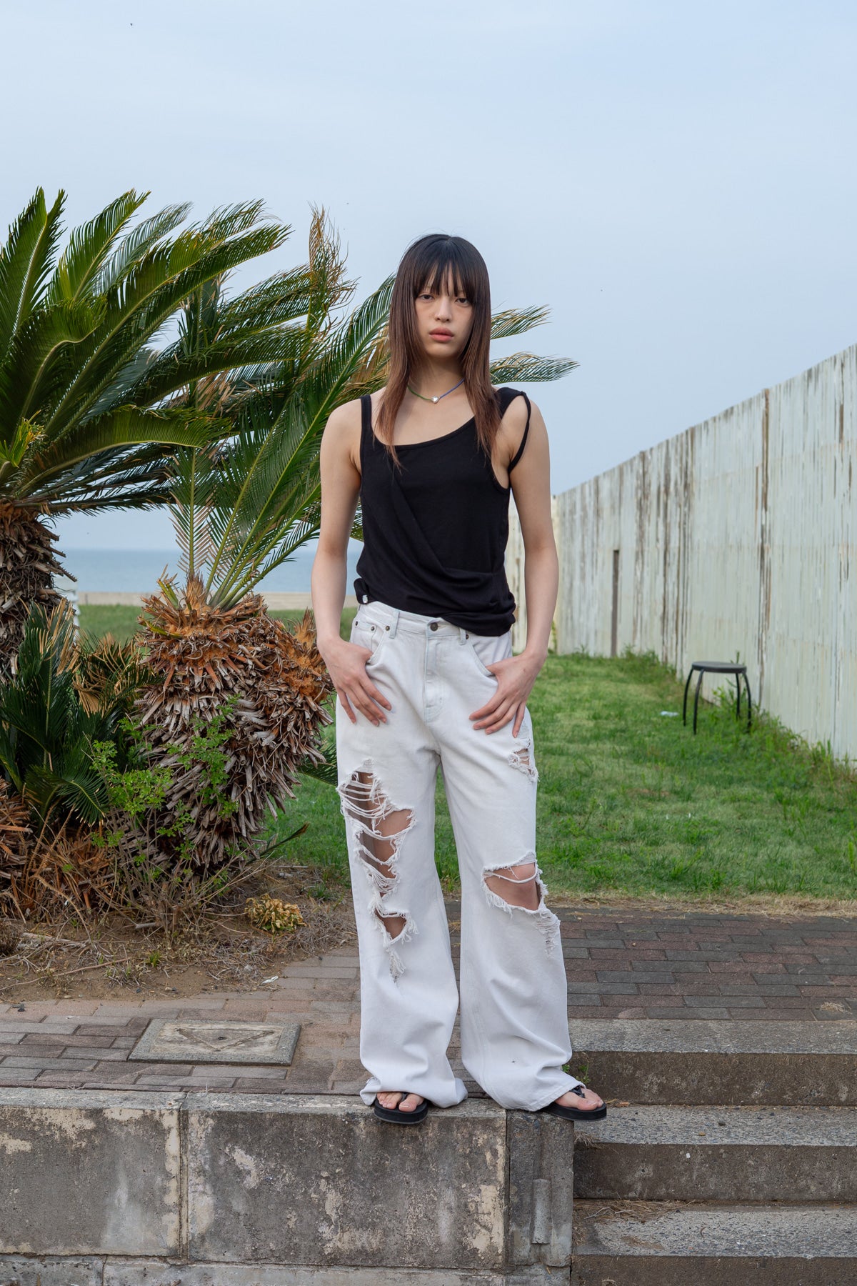 Matin Kim - Damage Point Washed Wide Denim Pants (Light Grey) product image 8 | TRAB K-Fashion Australia