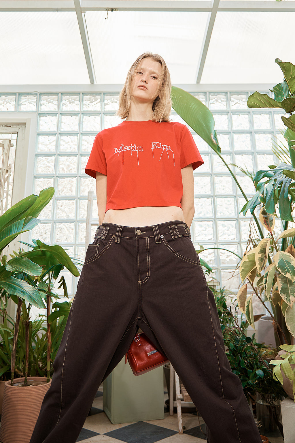 Matin Kim - Waist Buckle Curved Twill Denim Pants (Charcoal) product image 14 | TRAB K-Fashion Australia