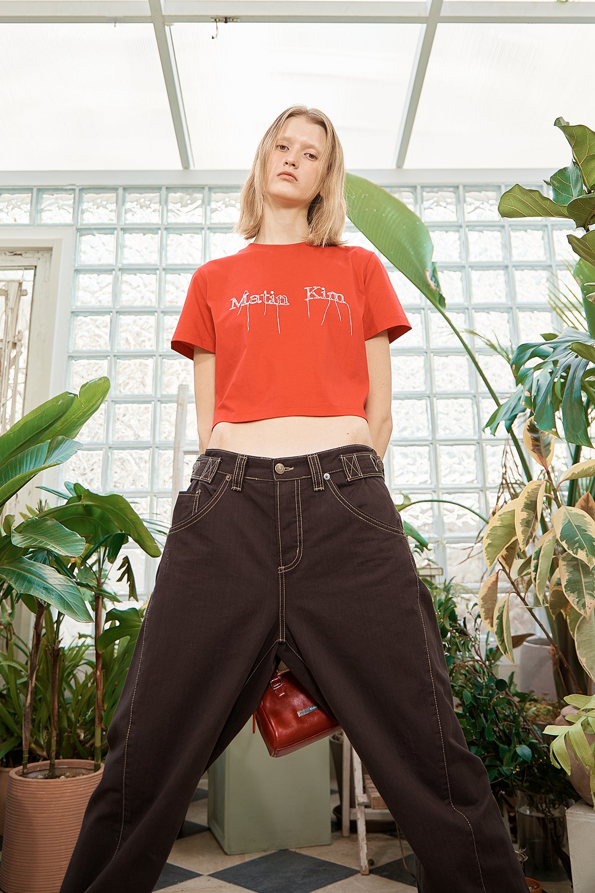 Matin Kim - Waist Buckle Curved Twill Denim Pants (Charcoal) product image 14 | TRAB K-Fashion Australia