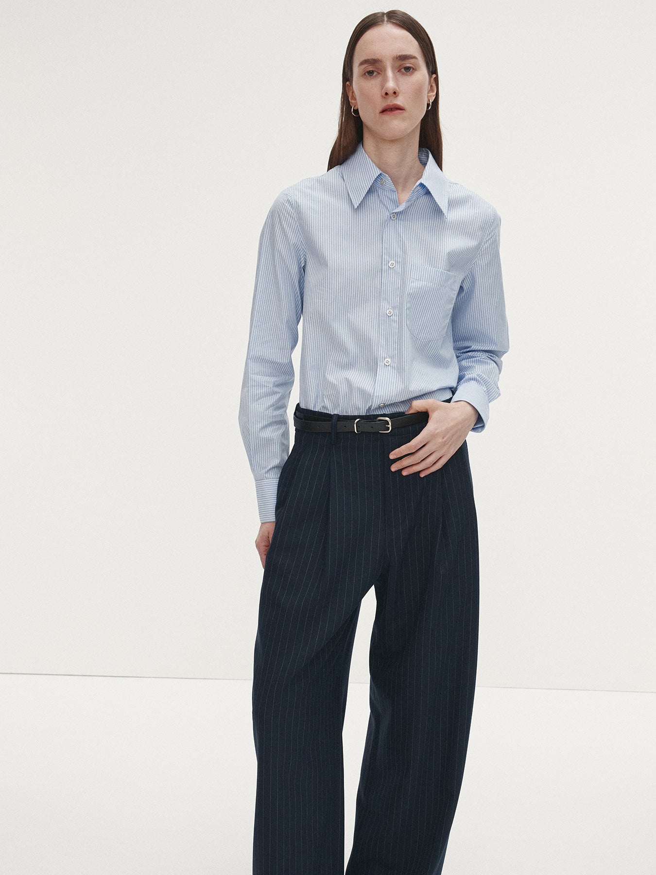 Tonywack - Striped Wool Double-Pleats Wide Trousers (Navy Pinstripe) product image 3 | TRAB K-Fashion Australia