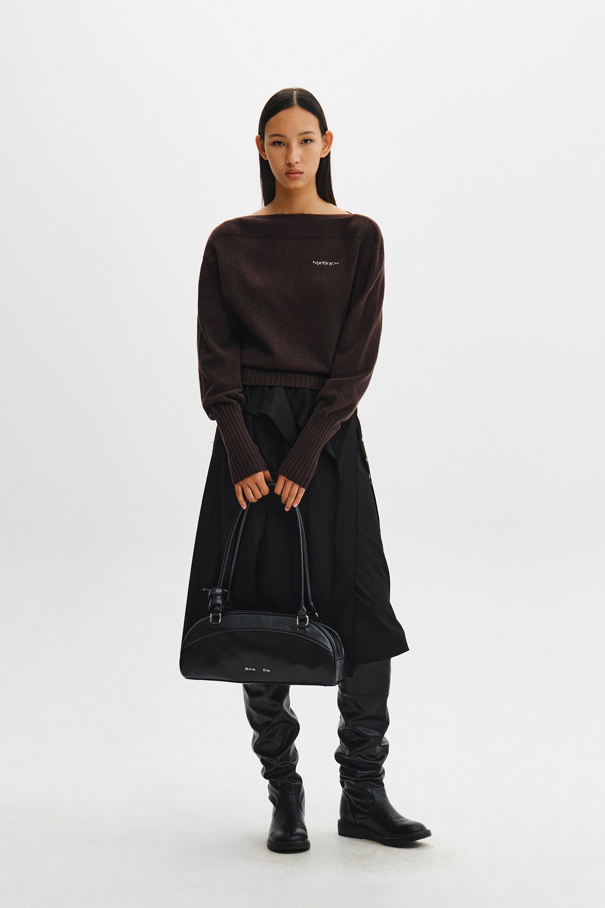 Matin Kim - Boat Neck Volume Sleeve Knit Pullover (Brown) product image 11 | TRAB K-Fashion Australia