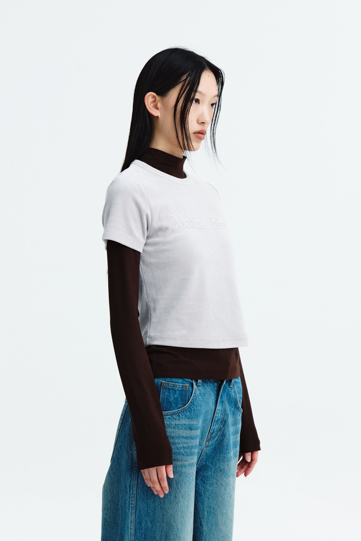 Matin Kim - Logo Emboss Velvet Crop Top (Light Grey) product image 9 | TRAB K-Fashion Australia