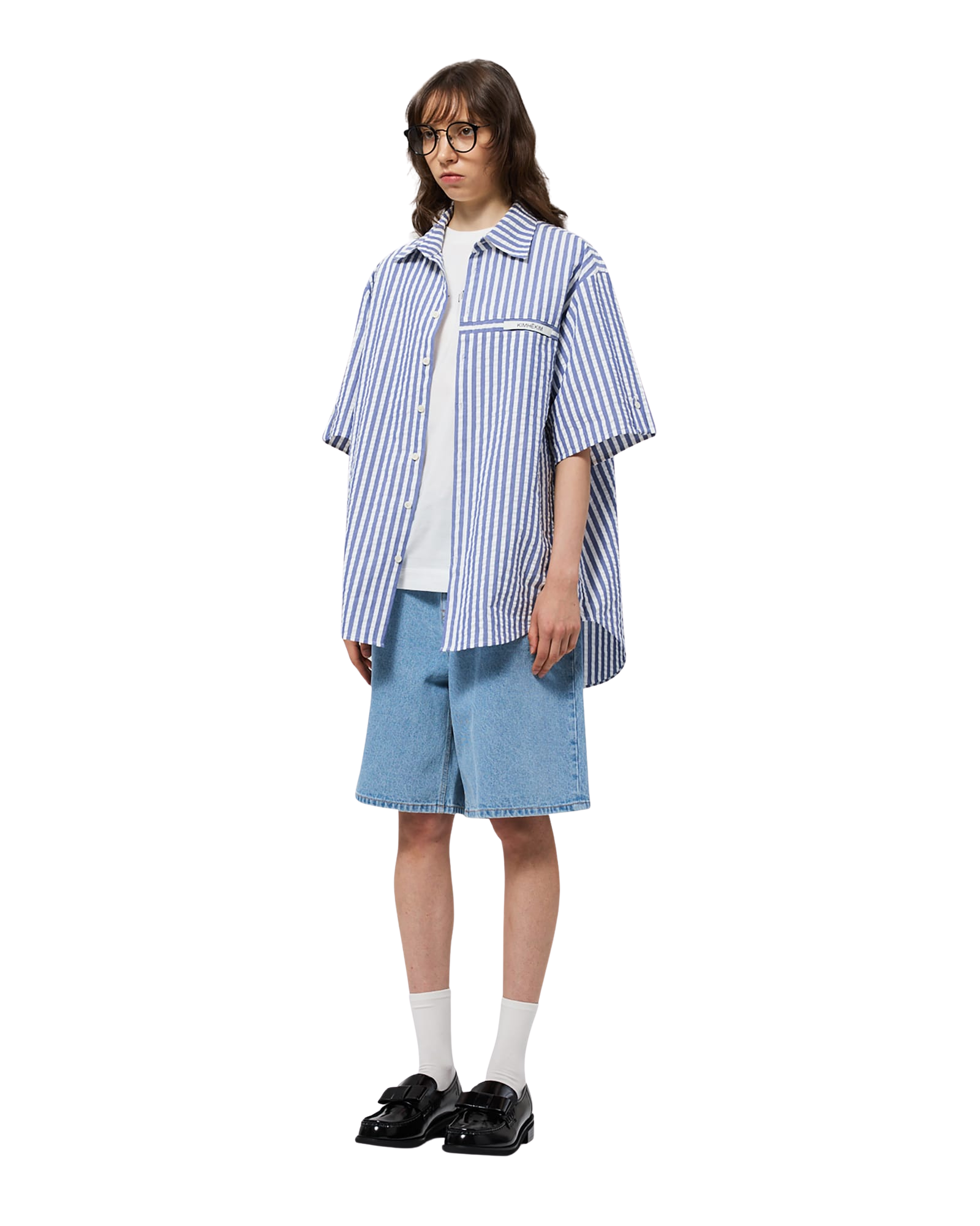 Kimhe Kim - Stripped Label Short Sleeves Shirt (Blue) product image 2 | TRAB K-Fashion Australia