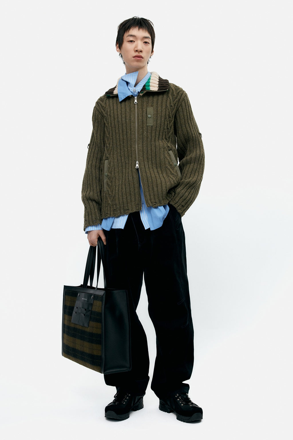 Andersson Bell - Stripe High-Neck Zip-Up Sweater (Khaki) product image 1 | TRAB K-Fashion Australia