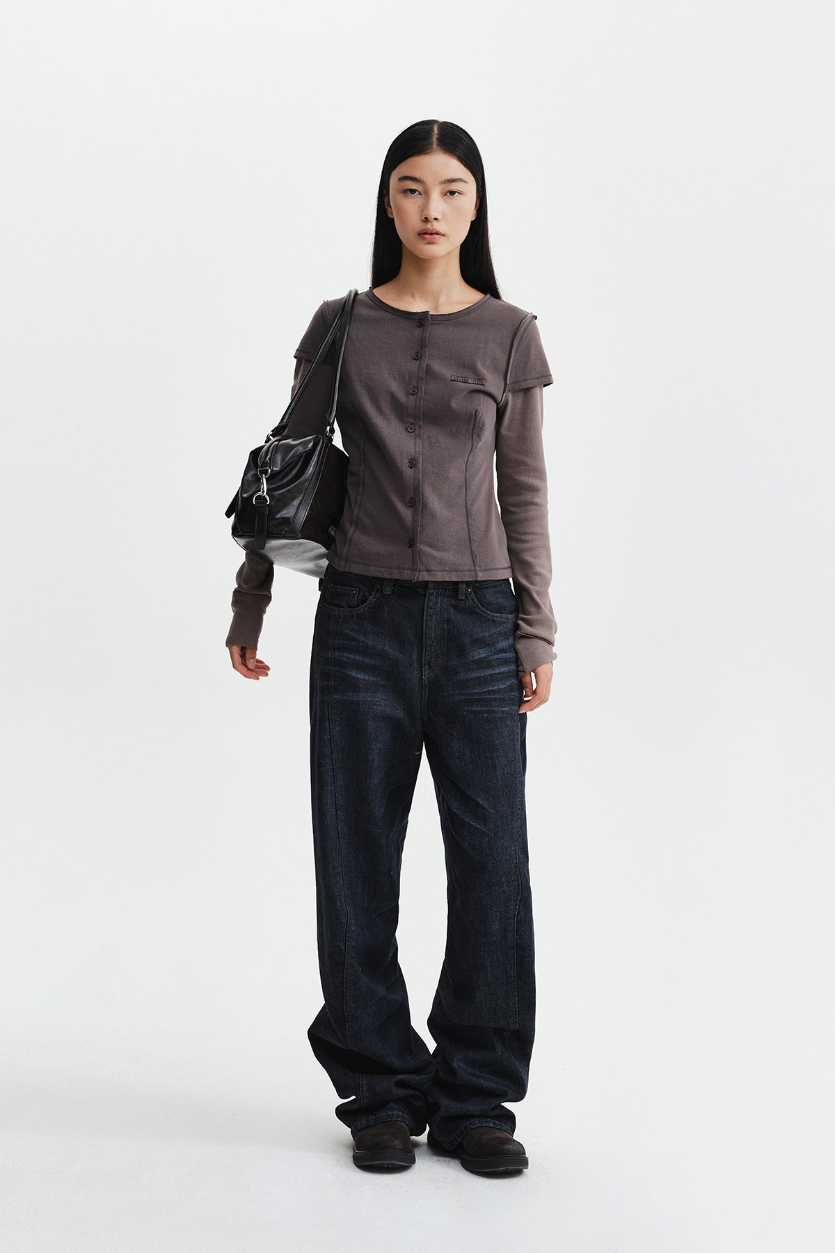 Matin Kim - Faded Color Block Layered Button Top (Cocoa) product image 10 | TRAB K-Fashion Australia